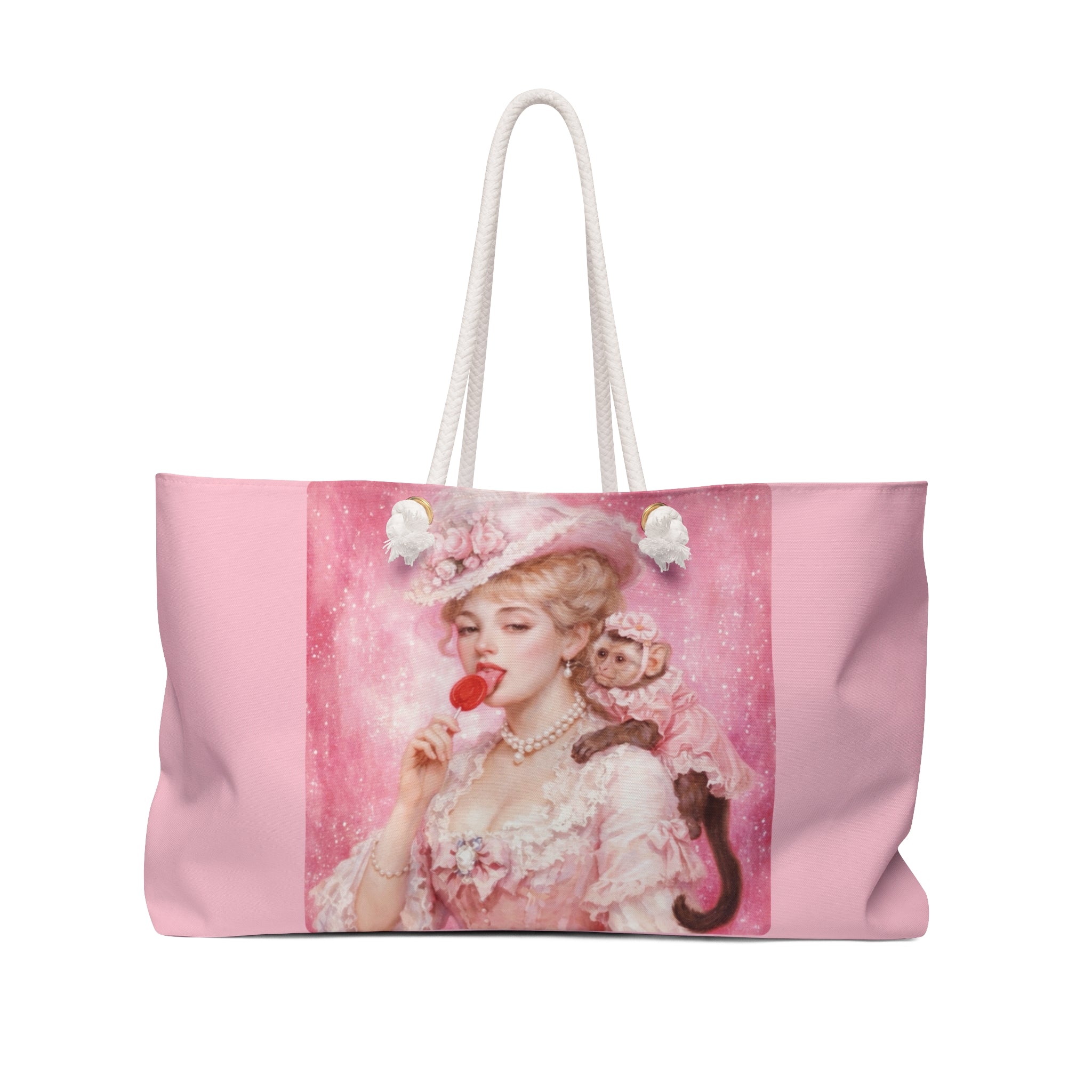 Blush pink weekender tote bag featuring a vintage pastel illustration of a Parisian lady with a pet monkey and thick cotton rope handles.