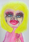 Colorful drawing of a stylized face with yellow hair and pink clothing on a white background a woman just after the breakup. Heart on her sleeve. Mascara down her face. We've all been there. 