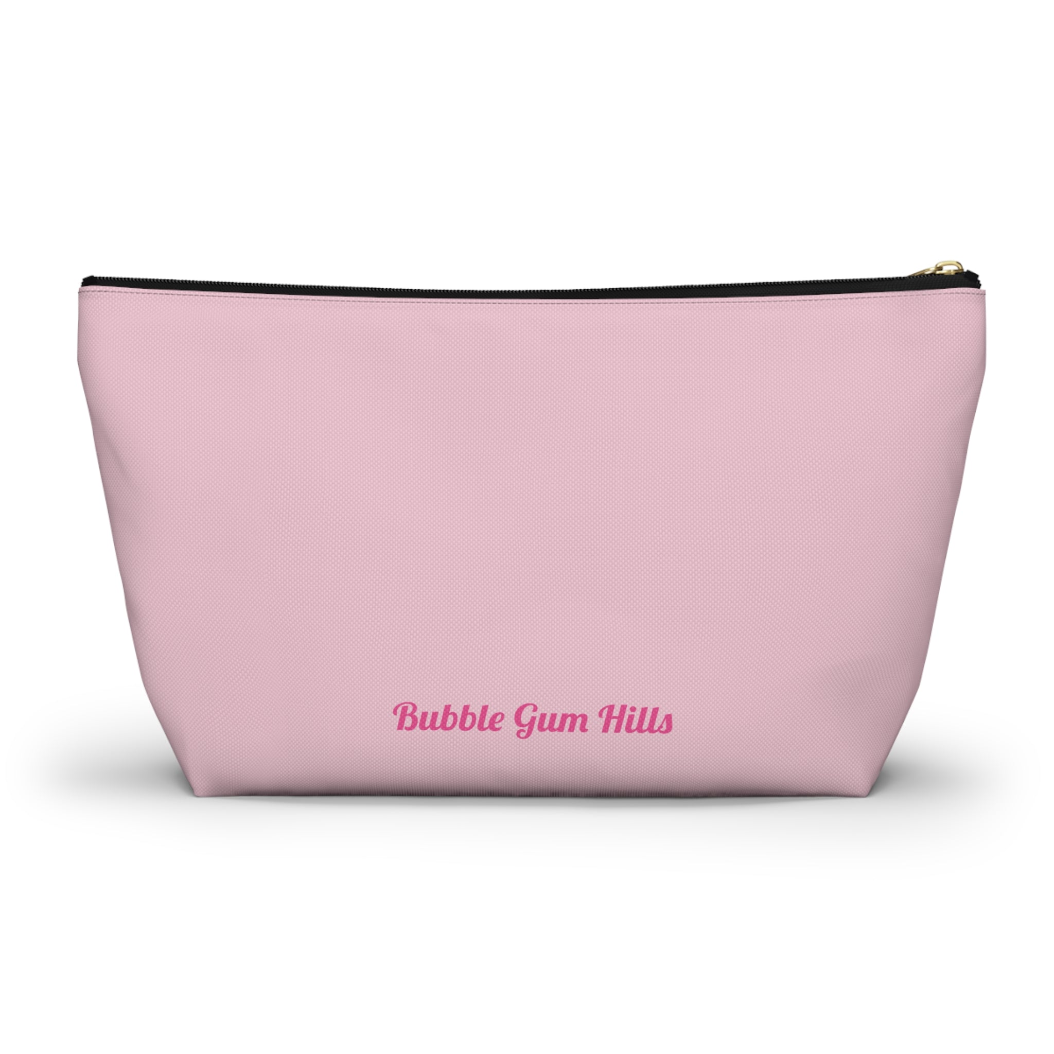 Bubble Gum Hills Pop Art CosmeticAccessories Bag Zipper Cute travel makeup bag with a wide T-bottom structure standing upright on a counter