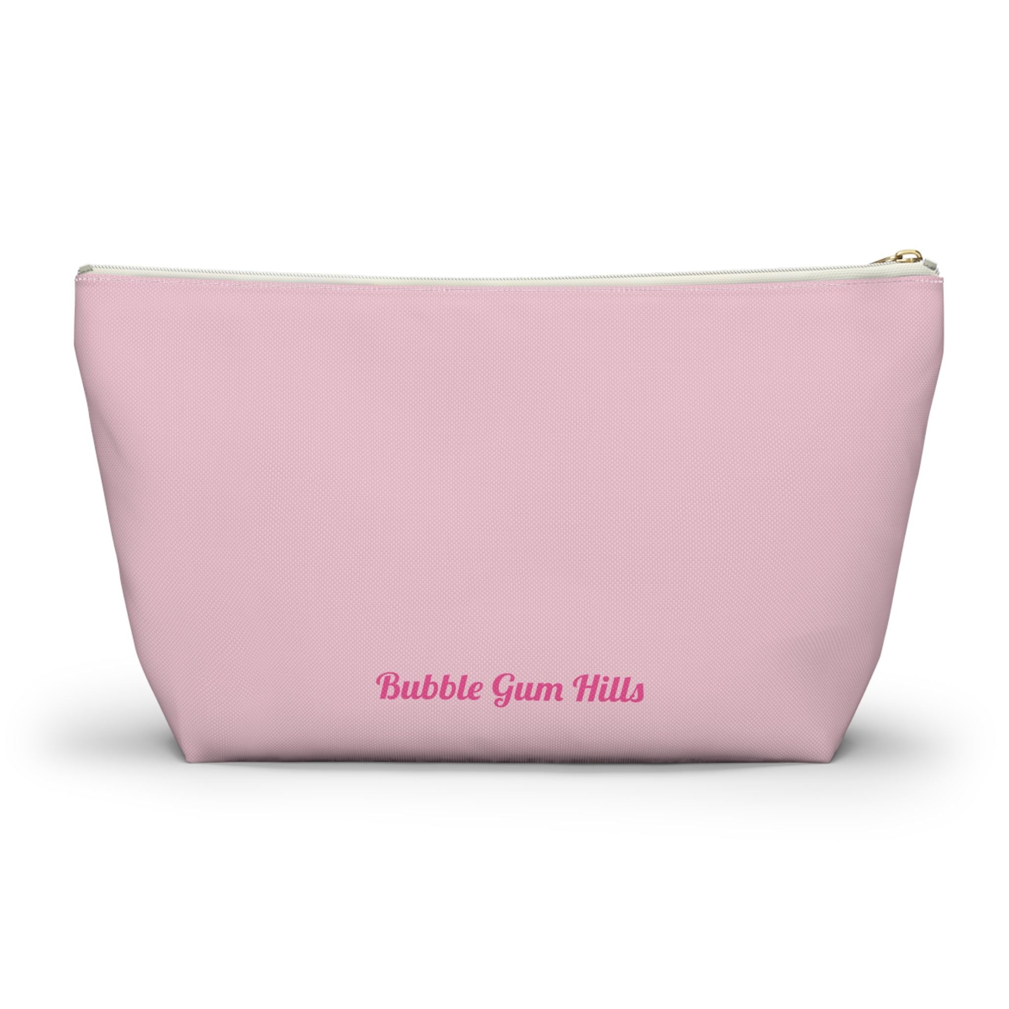 Collection of pink dog pattern cosmetic bags showing both black and white zipper color options in multiple sizes.