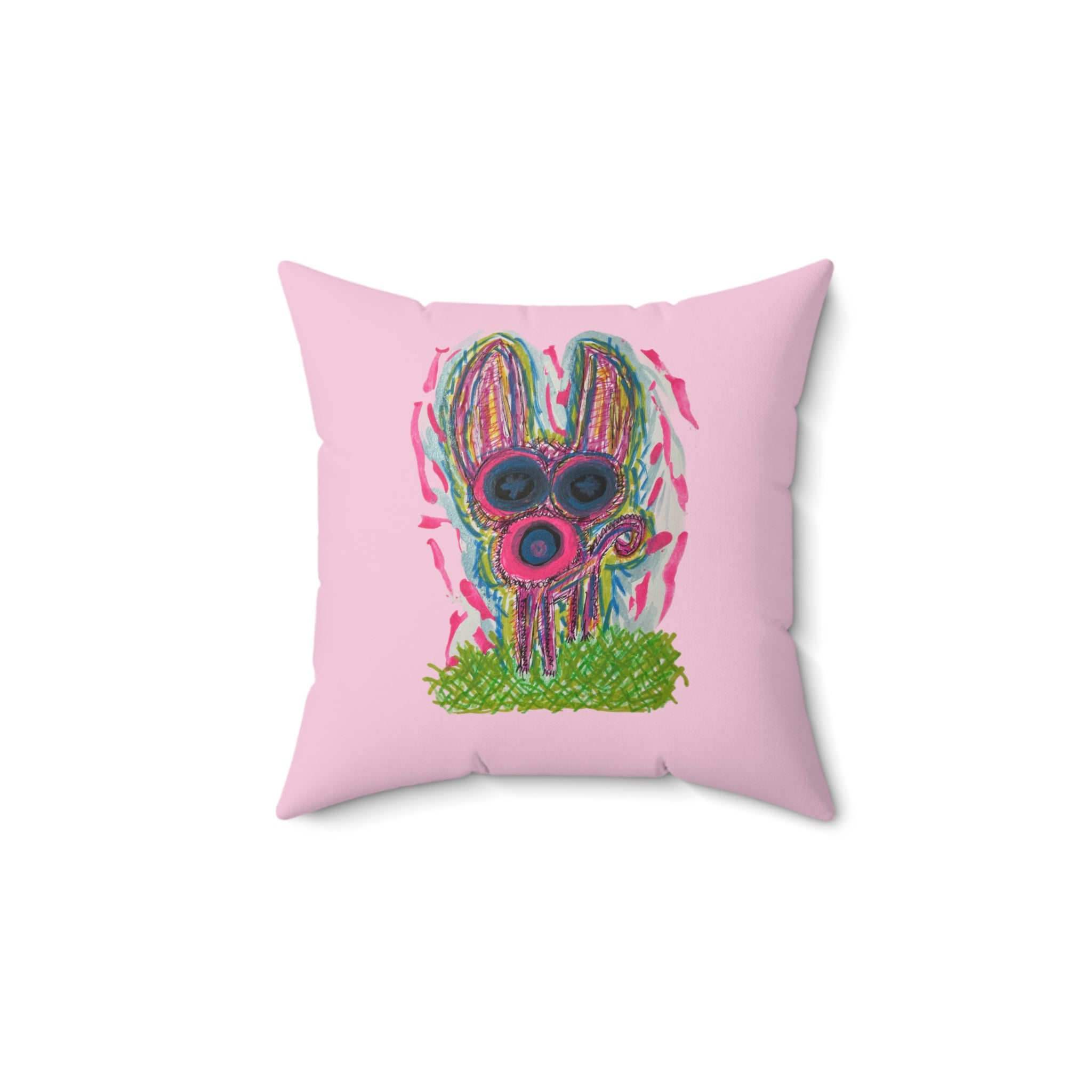 A square pink throw pillow featuring a colorful, textured illustration of a chihuahua with large eyes and green grass at the bottom. Light Pink Background pillow.