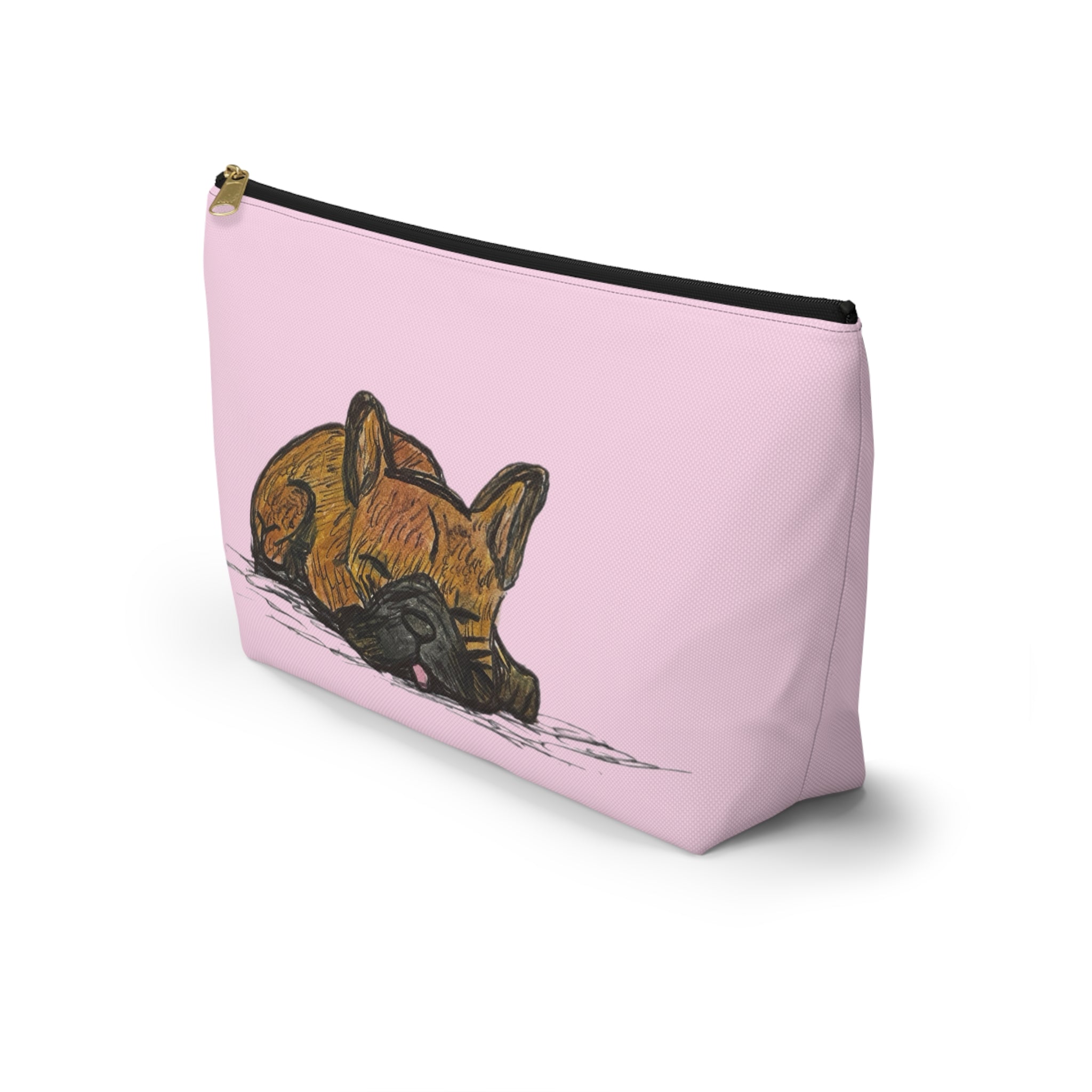 A light pink zippered pouch featuring a printed illustration of a sleeping golden-brown dog  Travel Beach Pool Great for vacation