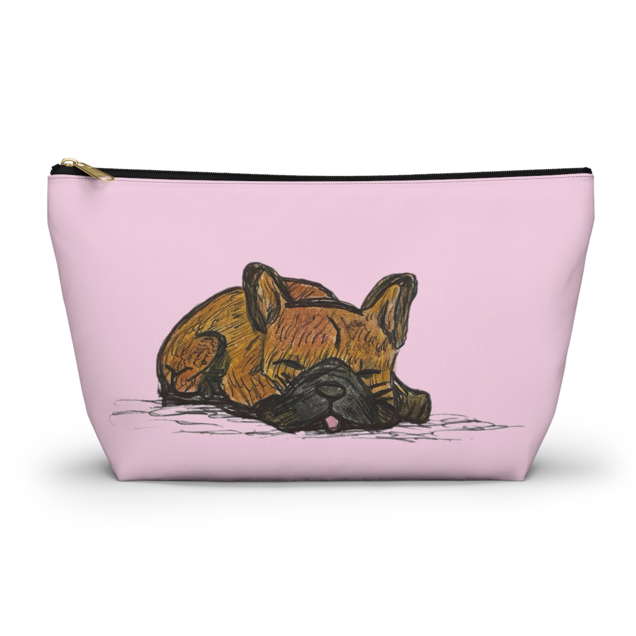 Soft pink accessory pouch standing upright featuring a cute minimalist sketch of a sleeping chocolate French bulldog with a premium gold zipper