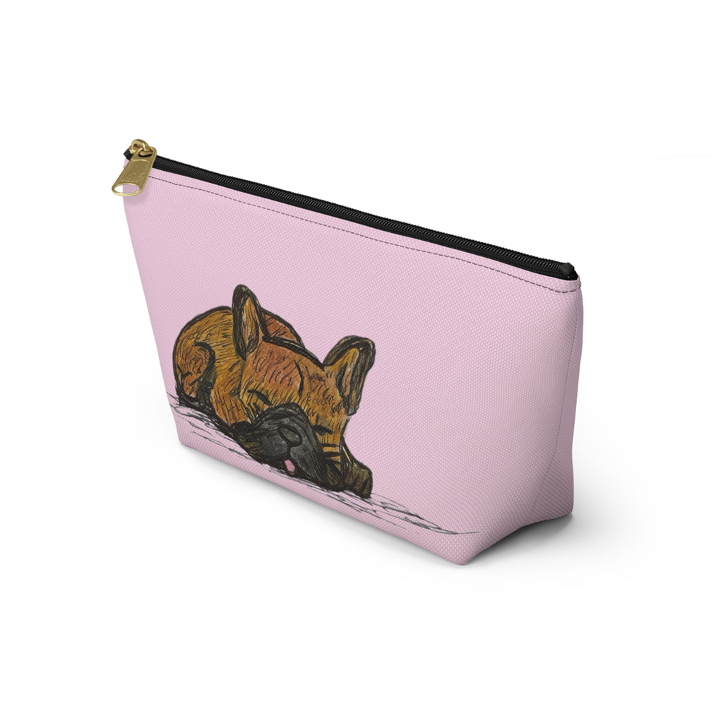 A light pink zippered pouch featuring a printed illustration of a sleeping brown fox, shown on a clean white background.