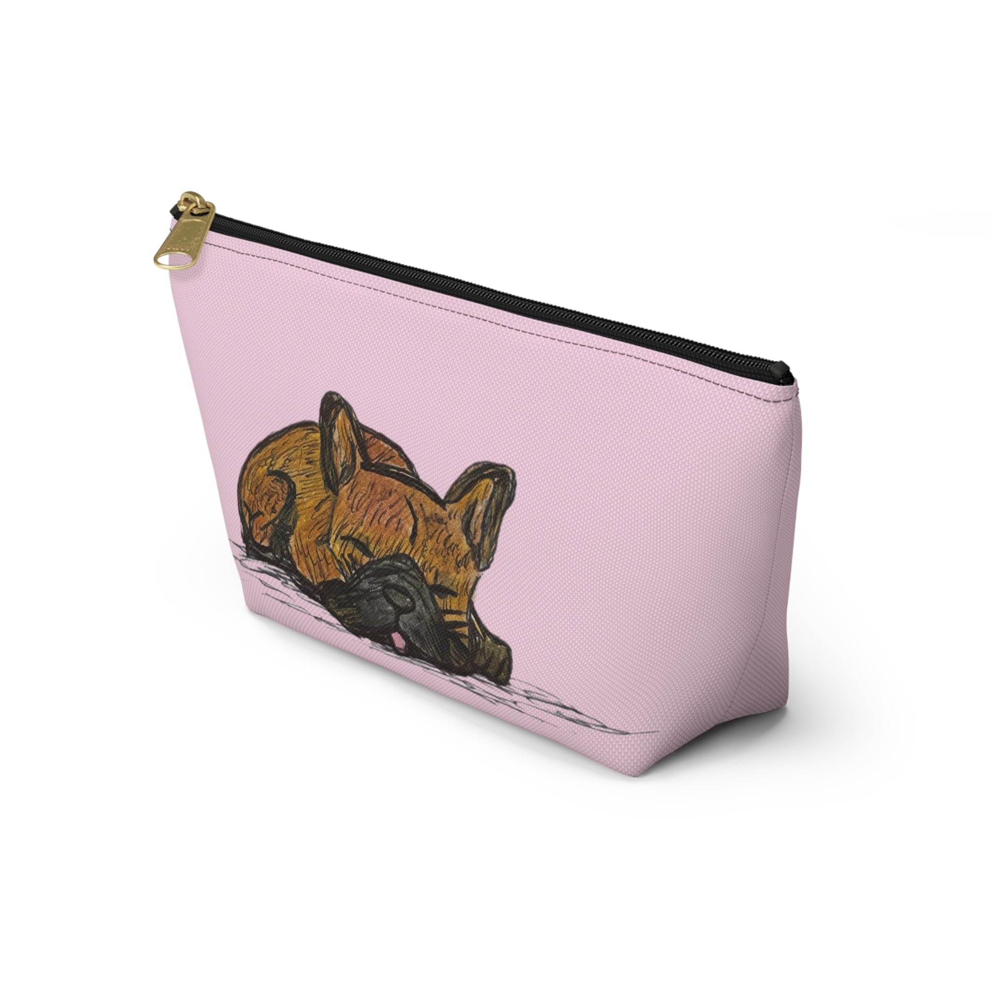 A light pink zippered pouch featuring a printed illustration of a sleeping brown fox, shown on a clean white background.