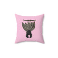 Halloween Decor Square pink decorative throw pillow featuring a hand-painted style illustration of a cute black bat hanging upside down from a tree branch.