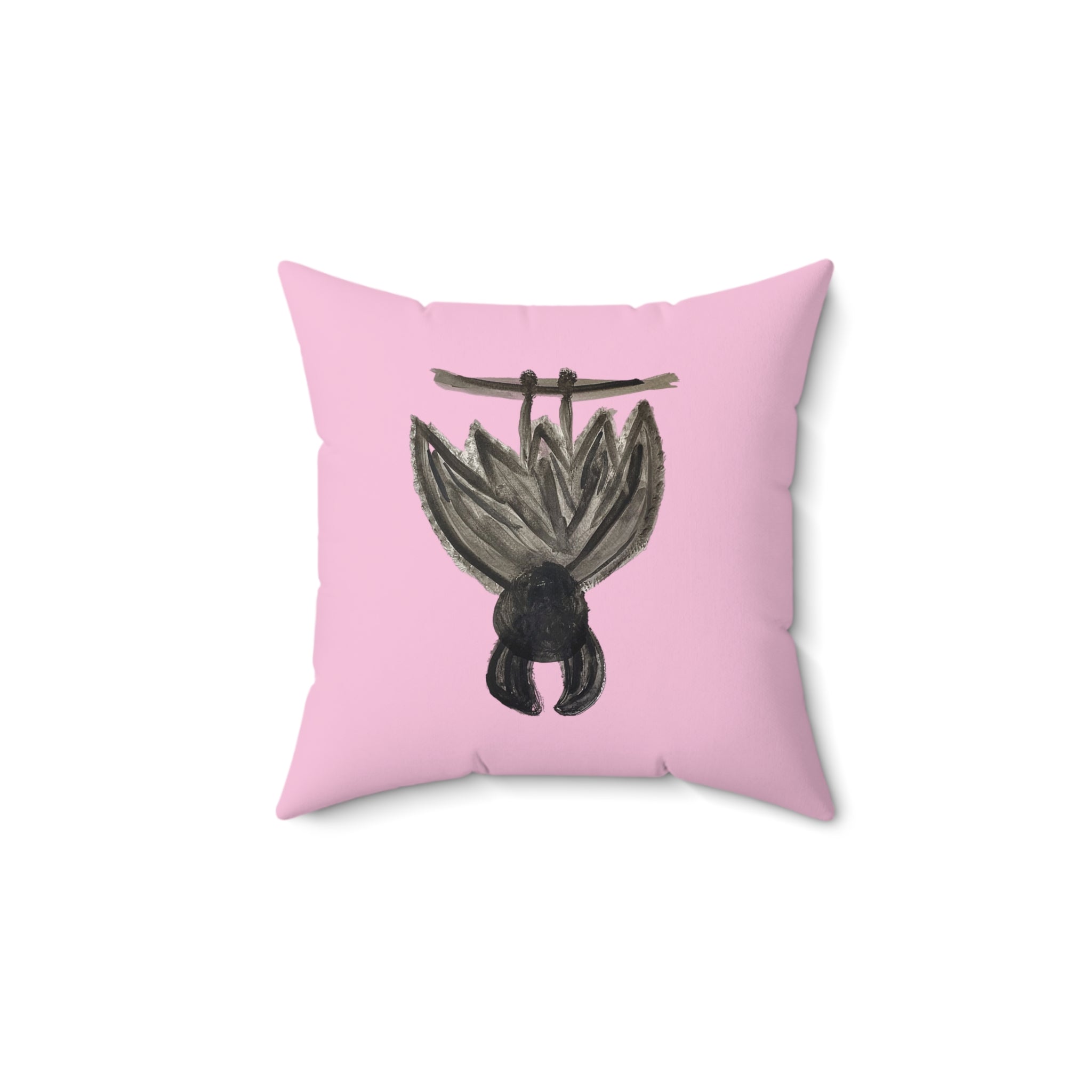 Halloween Decor Square pink decorative throw pillow featuring a hand-painted style illustration of a cute black bat hanging upside down from a tree branch.
