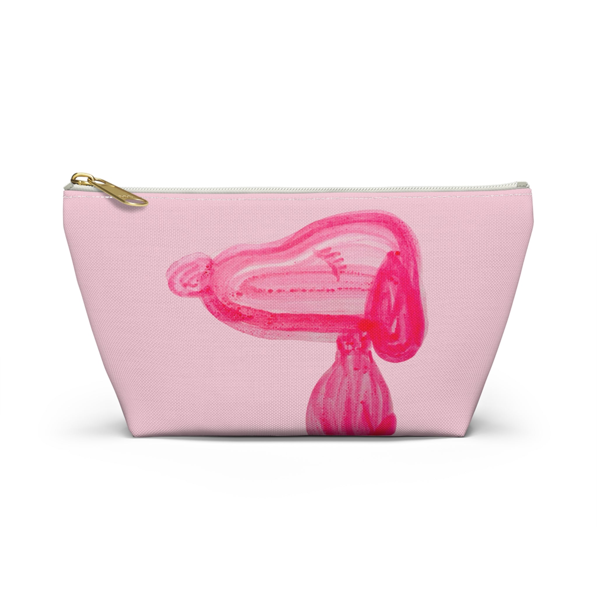 Cute Pink accessory cosmetics pouch featuring a playful hand-printed bubble gum puppy dog motif with a black zipper