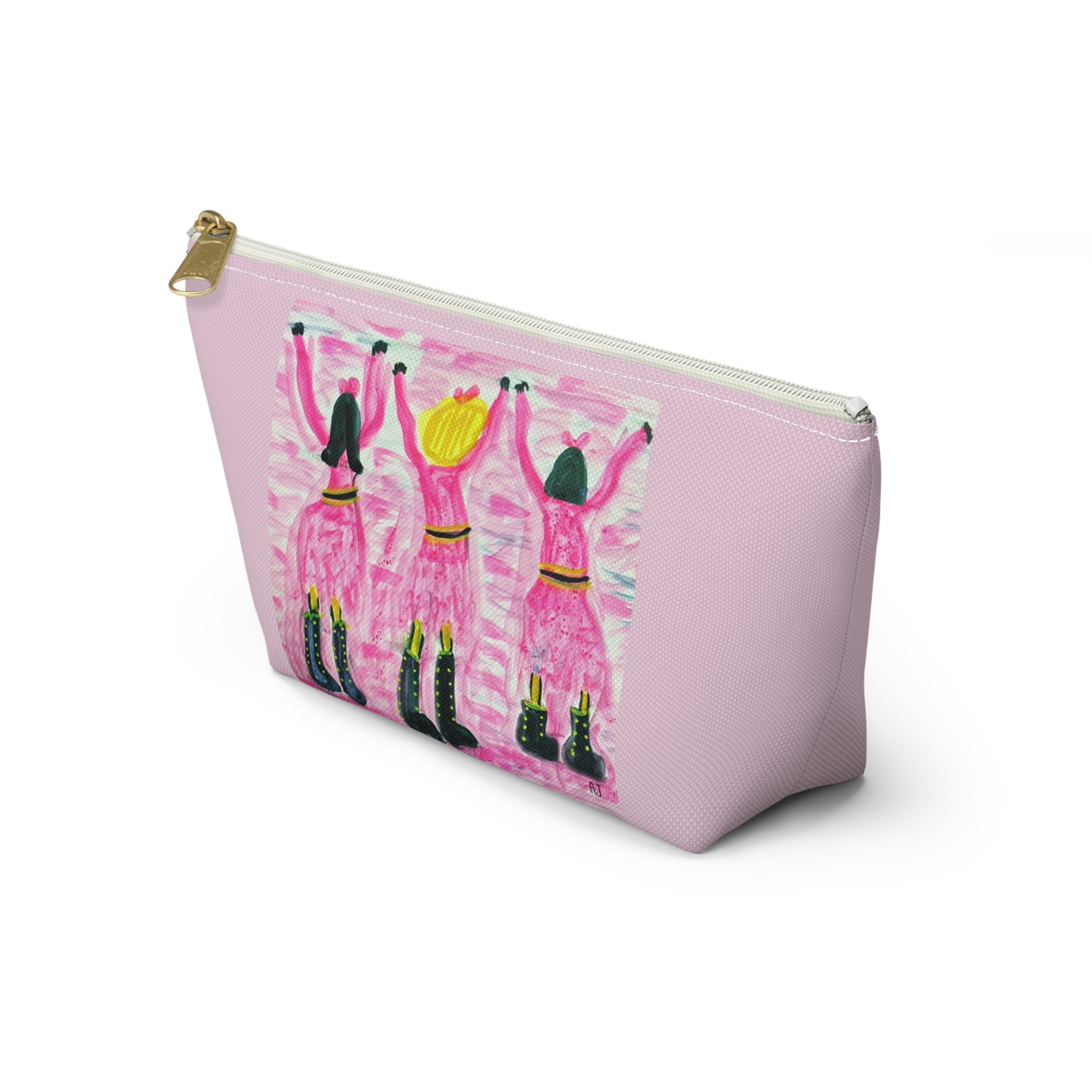 Cute travel makeup bag for dancers showing a wide, self-standing T-bottom structure. White zipper