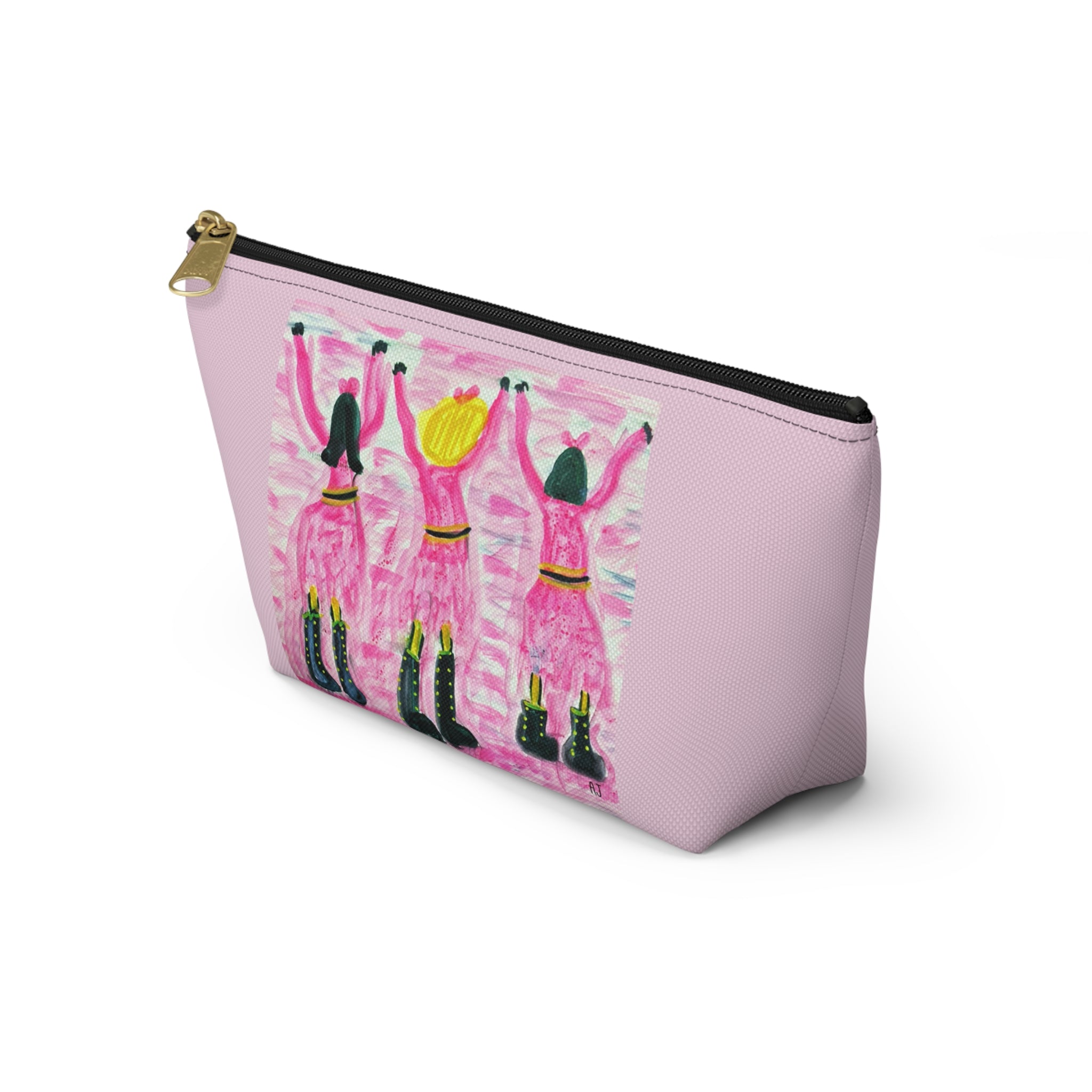 Cute travel makeup bag for dancers showing a wide, self-standing T-bottom structure. Dance in black boots and tutus.