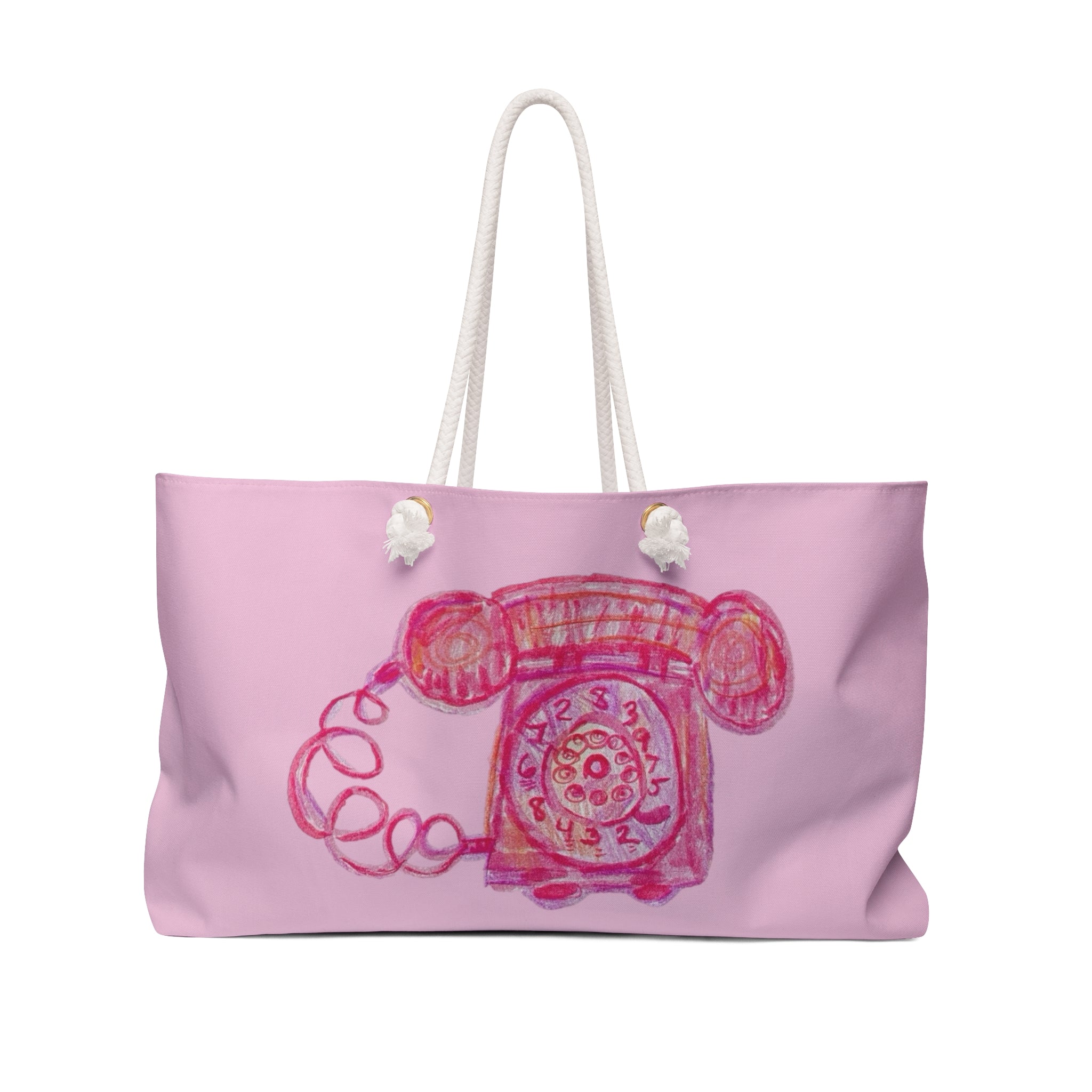 Soft pink weekender tote bag featuring a cute hand-drawn illustration of a vintage rotary phone with thick cream cotton rope handles.

