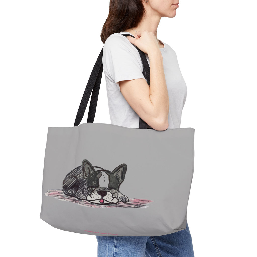 French Bulldog Tote Bag Gift for Dog Lovers Dog Park bag large gray tote bag with black shoulder straps illustration of a sleeping black and white French Bulldog on a pink blanket.