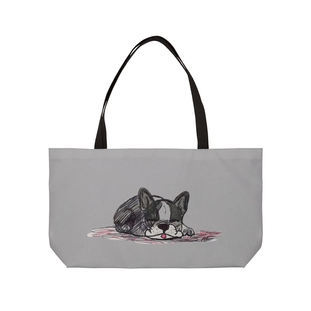 Dog Park Tote Frenchie Bulldog A light gray tote bag with black shoulder straps, featuring a printed illustration of a sleeping black and white French Bulldog on the front.