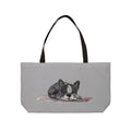 Dog Park Tote Frenchie Bulldog A light gray tote bag with black shoulder straps, featuring a printed illustration of a sleeping black and white French Bulldog on the front.