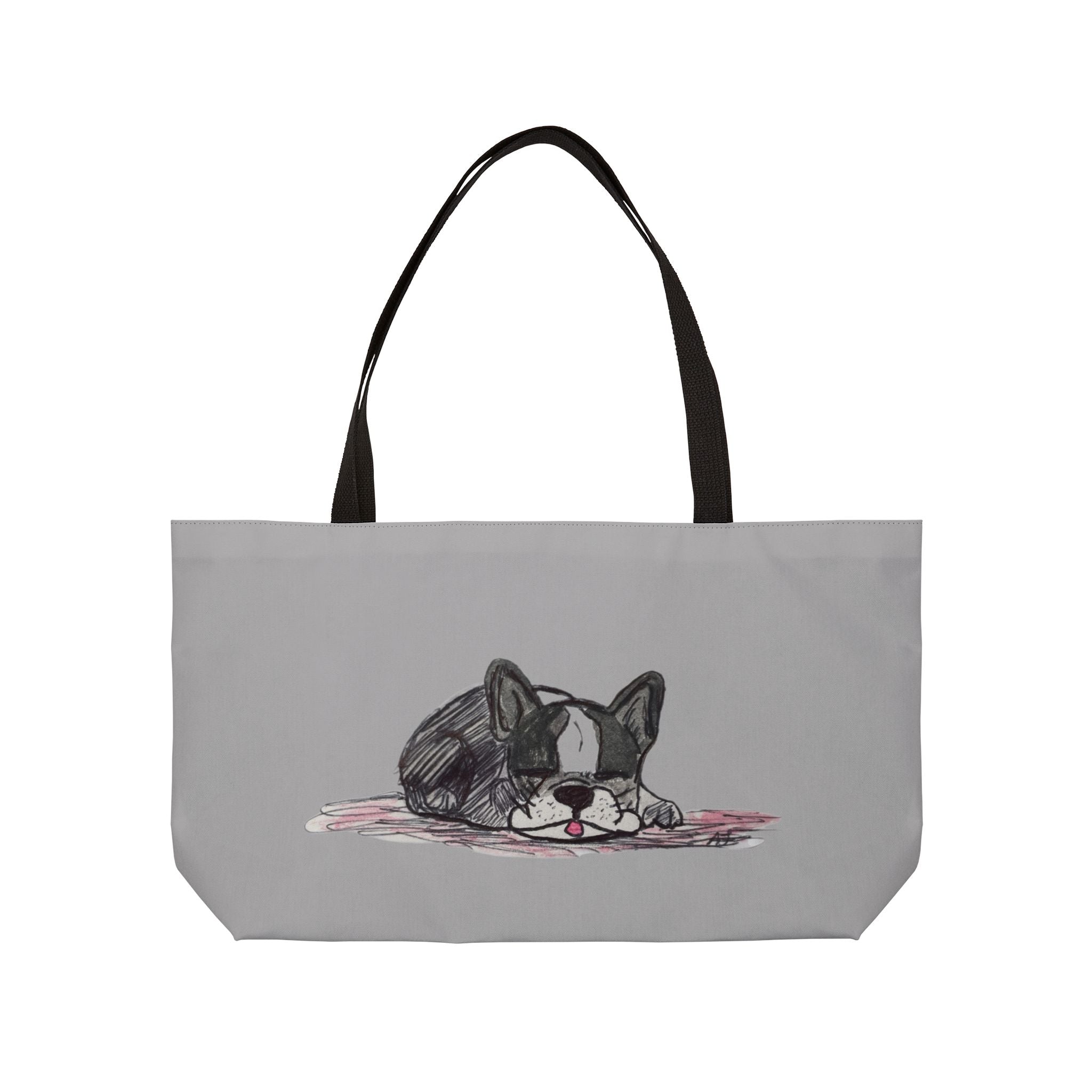 Dog Park Tote Frenchie Bulldog A light gray tote bag with black shoulder straps, featuring a printed illustration of a sleeping black and white French Bulldog on the front.