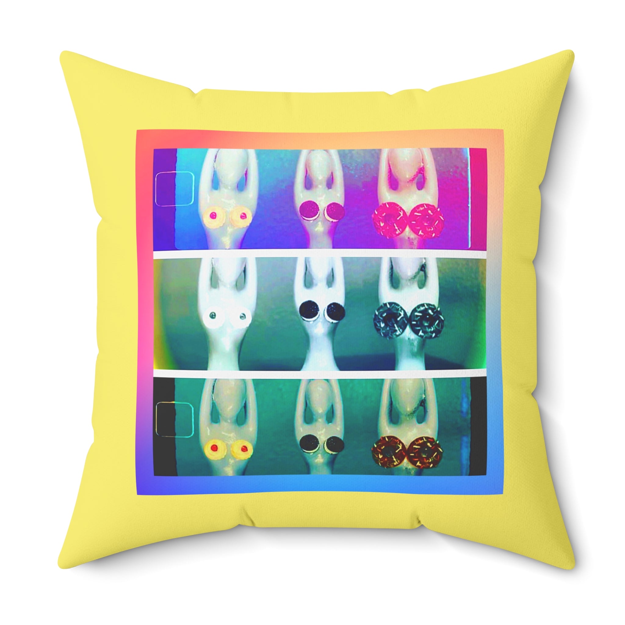 Double-sided bright yellow square pop art throw pillow featuring a colorful, naughty graphic illustration of women in naked yoga poses with desserts, perfect whimsical decor for a yoga studio.