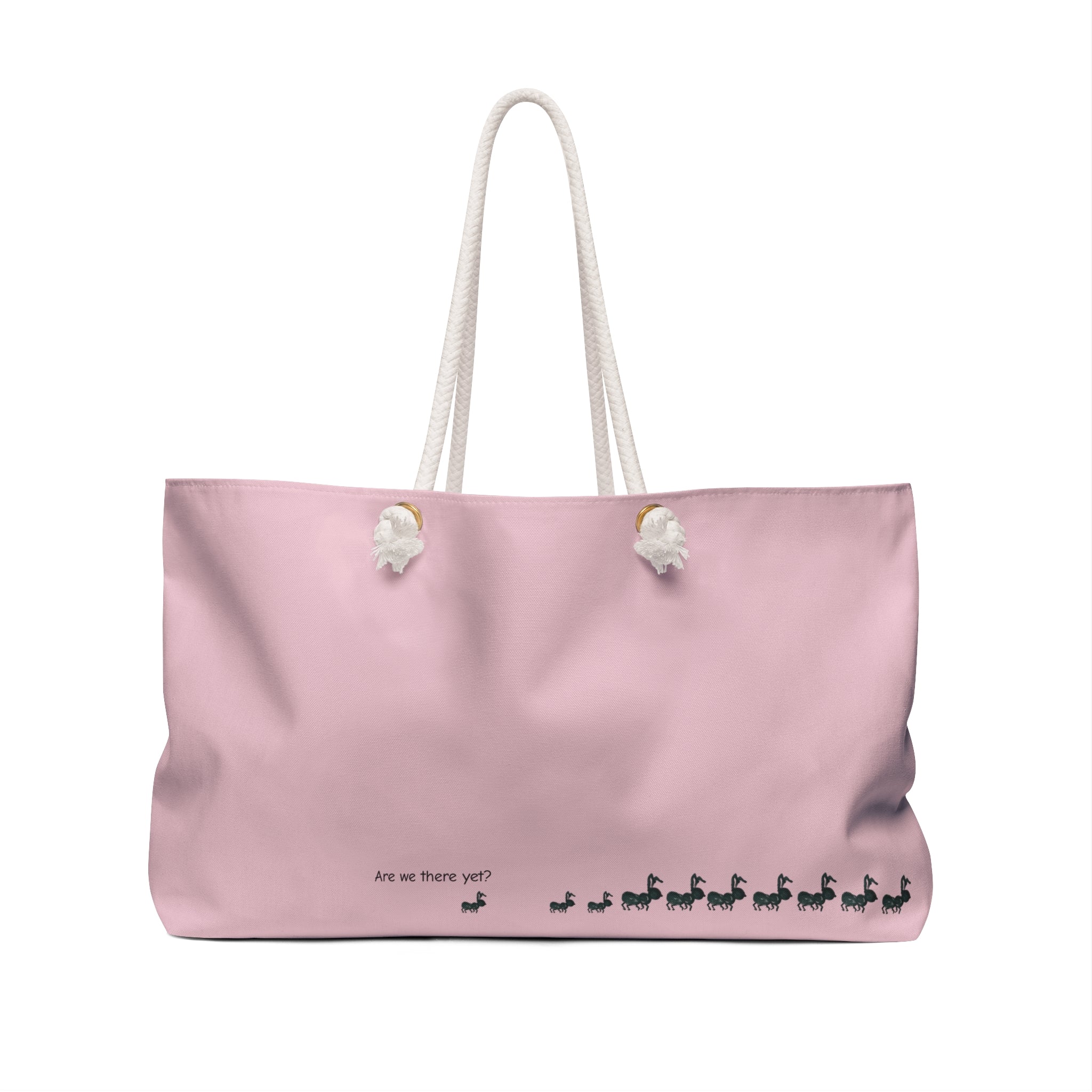 A light pink canvas tote bag with thick white rope handles and small black printed text and figures near the bottom, shown on a plain white background. Kids Fun Bag for Parents