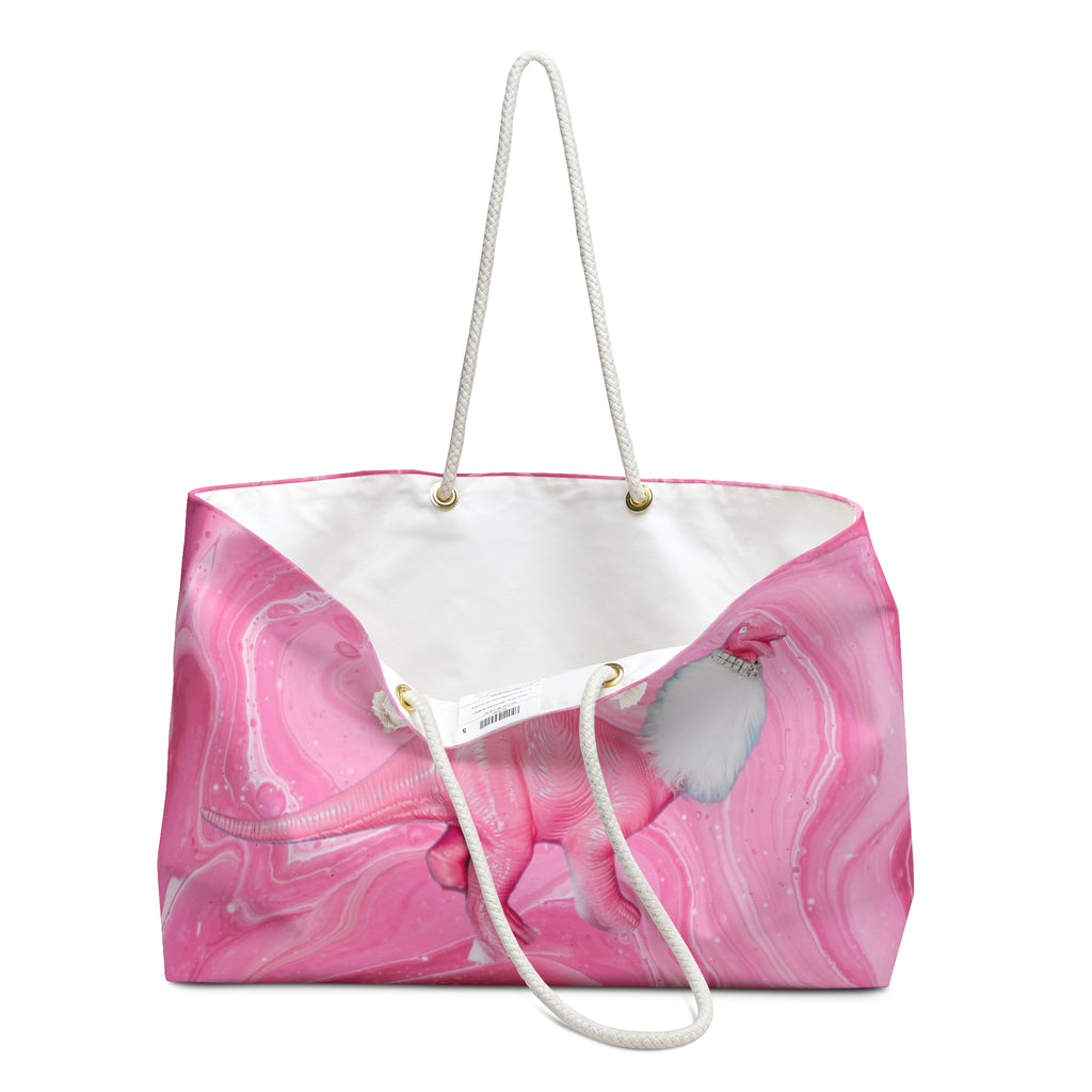 Large pink marbled weekender tote bag featuring a cute pop art illustration of a glamorous pink T-Rex dinosaur wearing a white boa and diamonds