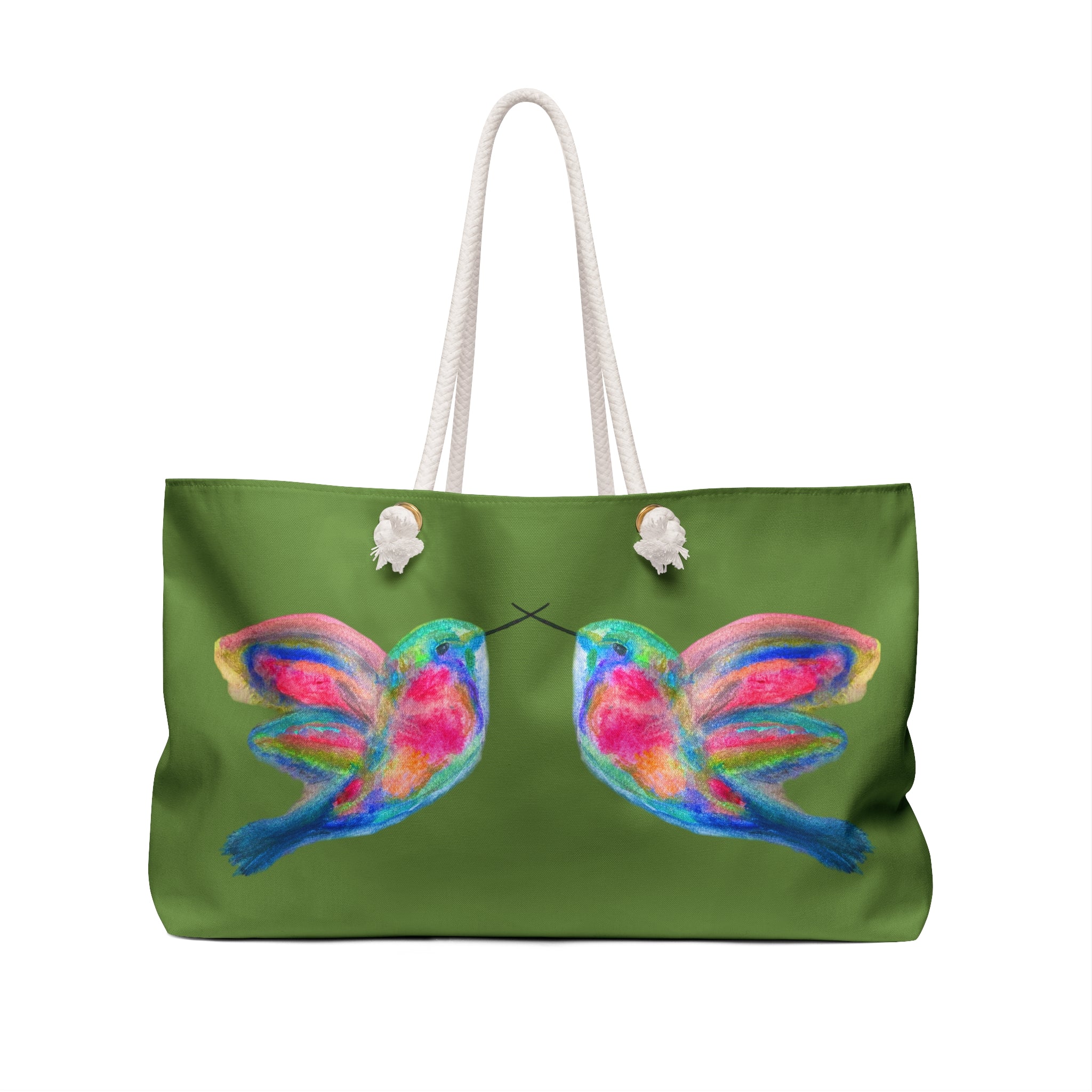 A green tote bag with white rope handles, featuring a colorful watercolor-style print of two hummingbirds facing each other on the front.