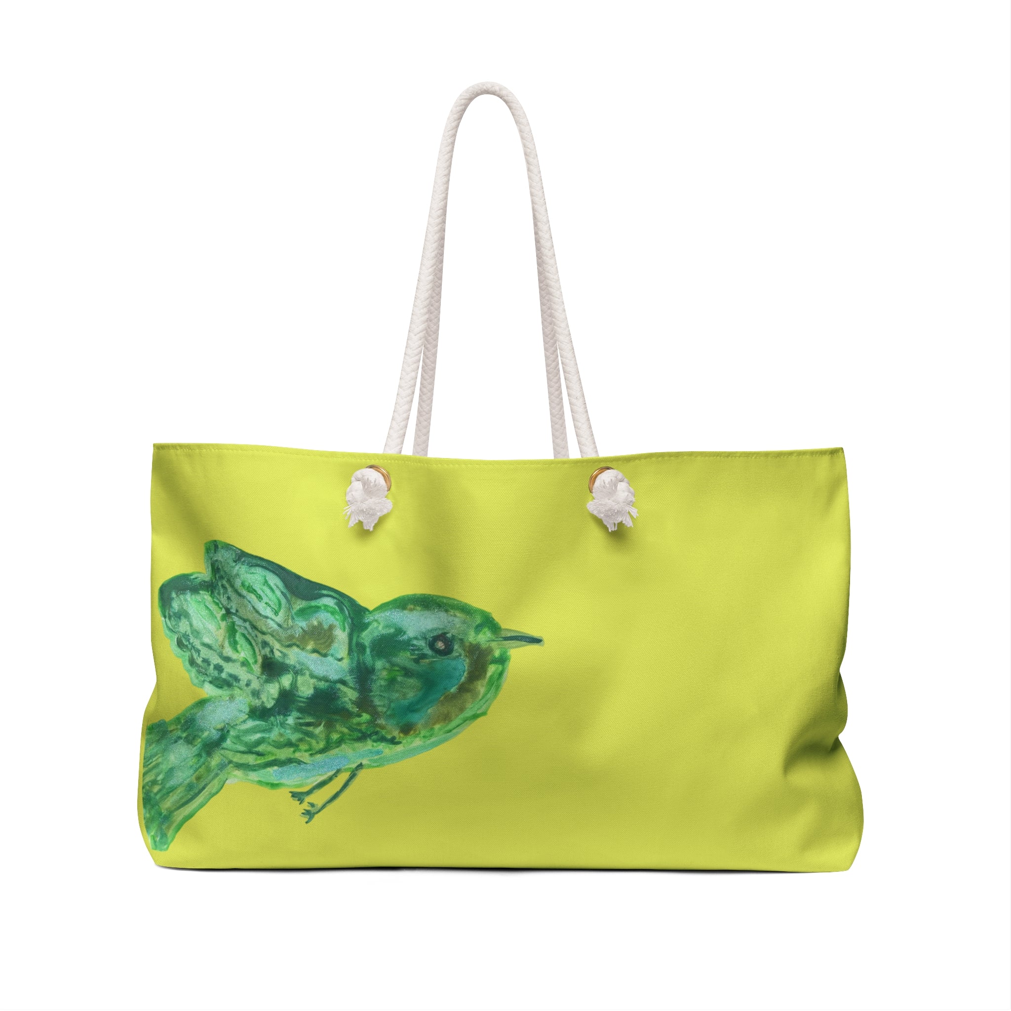 A bright yellow-green canvas tote bag with white rope handles and a green watercolor-style bird printed on the front, bird lovers, birdwatchers will love this tote. 
