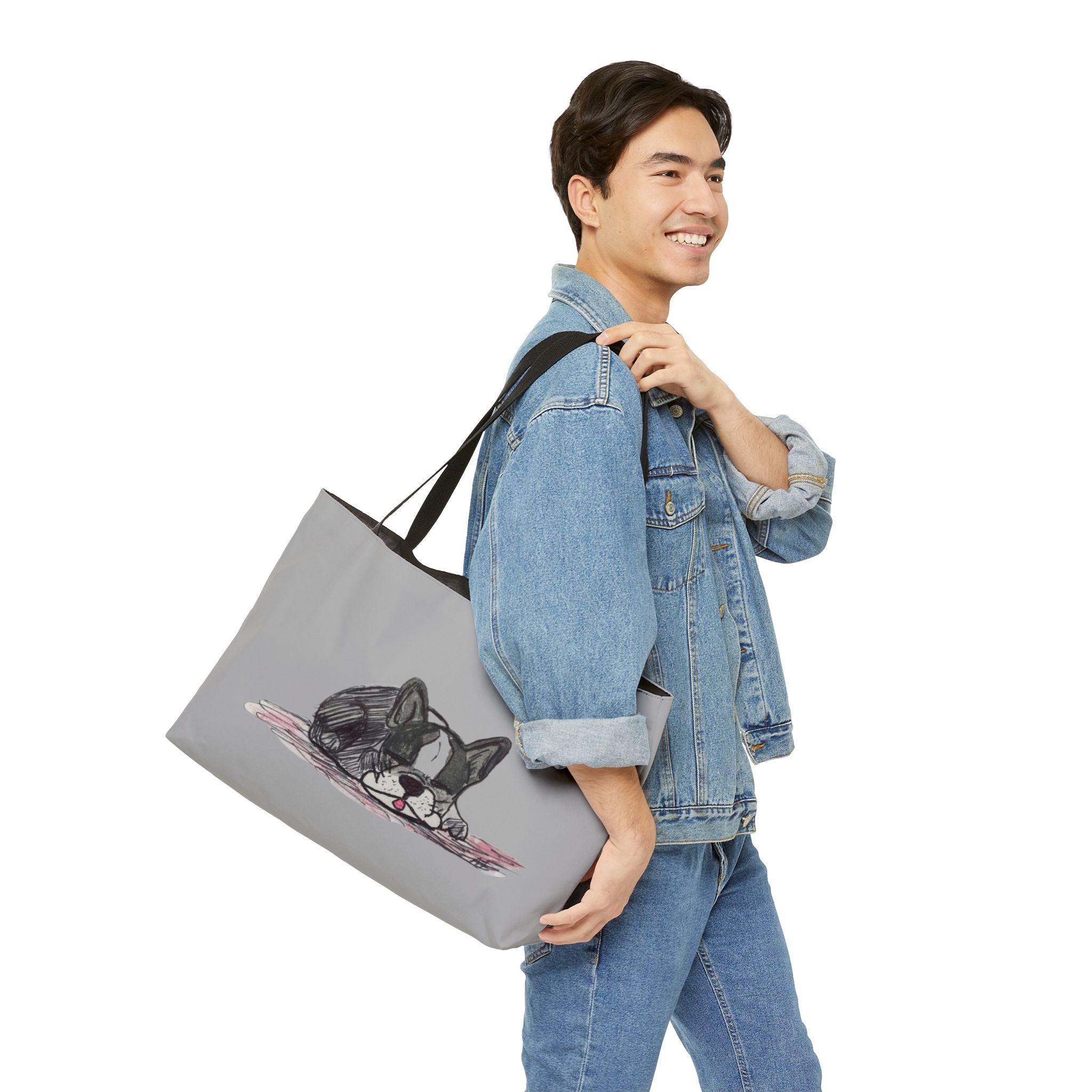 Beach, Pool, Park, walks, The tote bag features a black and white illustration of a Black White French Bulldog 