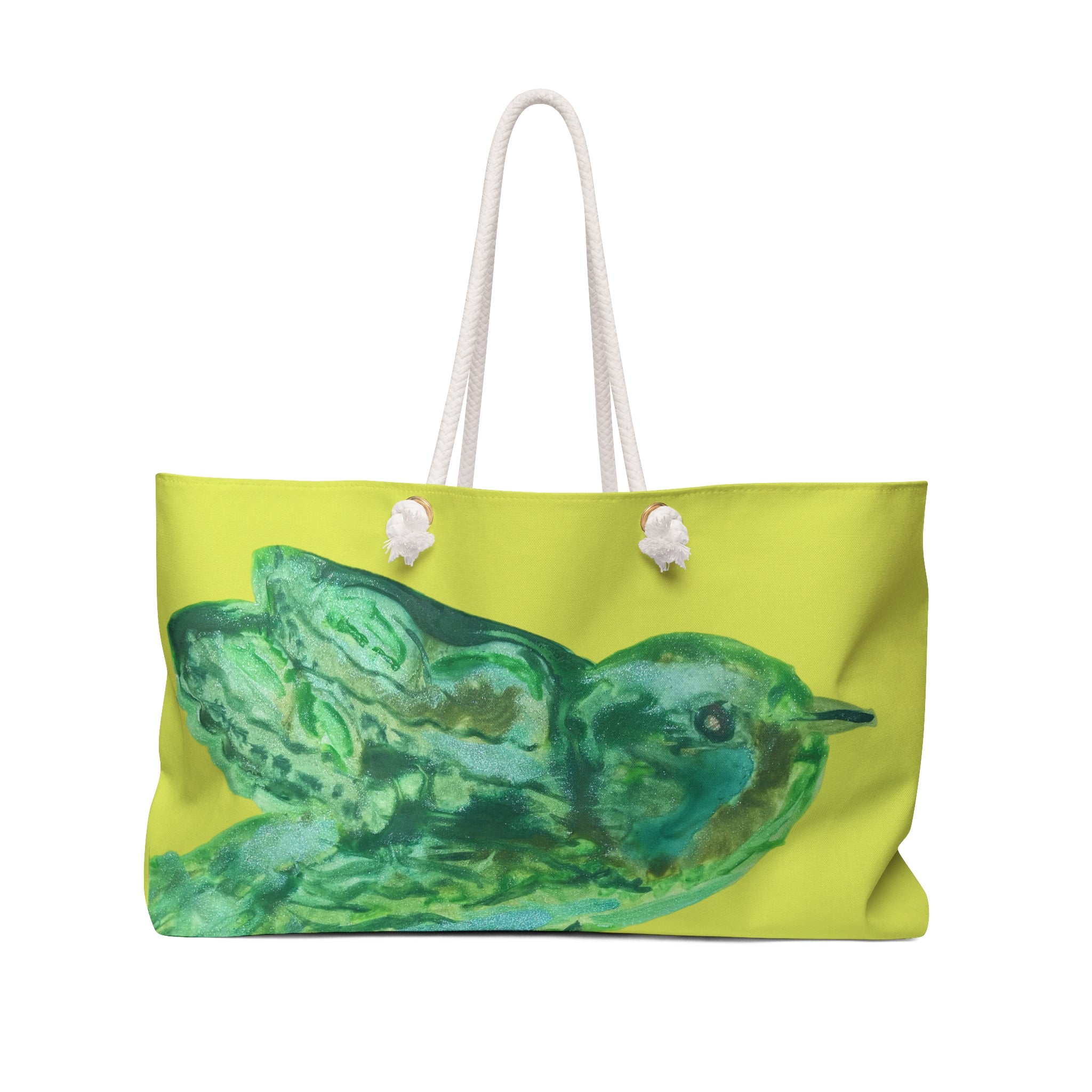 Large chartreuse green weekender tote bag featuring a vibrant teal watercolor bird illustration with thick cream cotton rope handles.
