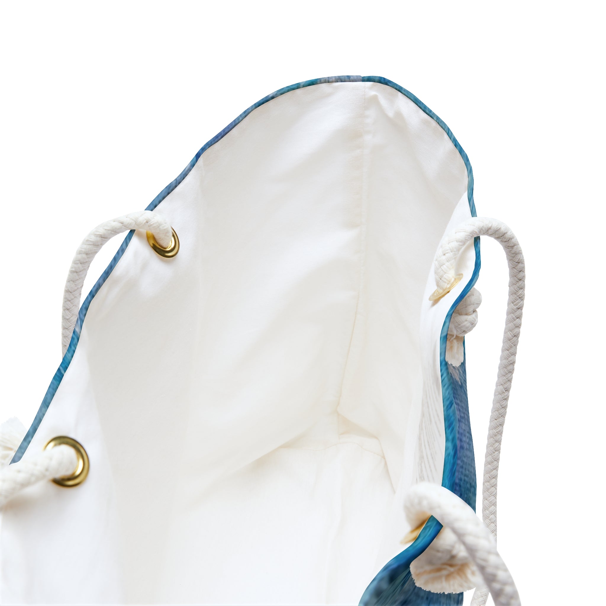 Ocean Watercolor Tote Bag for Beach, Pool, Lake or Shopping  Close-up of the interior of a drawstring tote bag, showing a white fabric lining, blue trim, white rope handles, and gold-tone metal grommets on a white background.