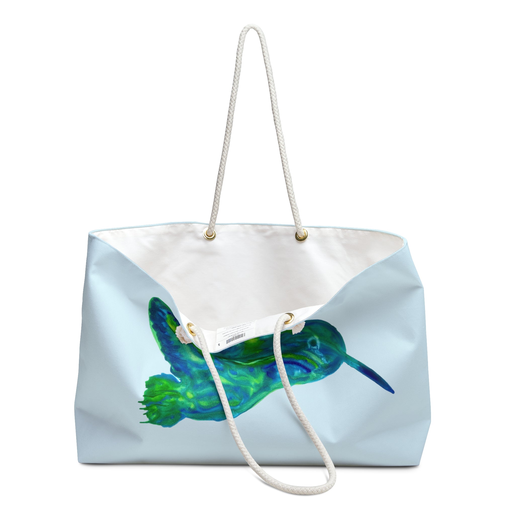 Large sky-blue weekender tote bag featuring a beautiful watercolor pattern of emerald and teal hummingbirds with thick cream rope handles. Bird watching bird lover gift  emerald and blues