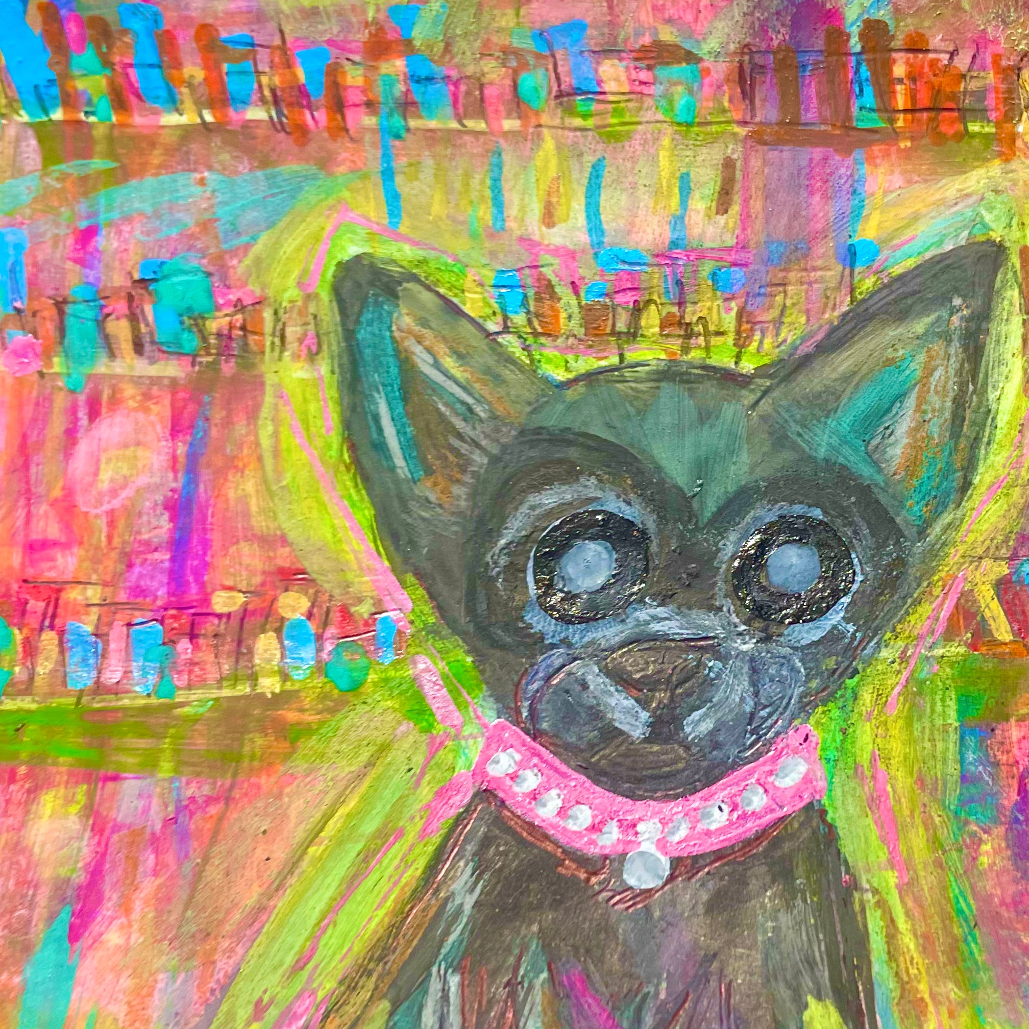Colorful painting of a dog with a pink collar on a multicolored background