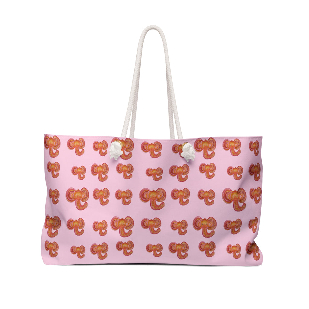 A pink tote bag with a repeating pattern of orange and red abstract cute elephant , featuring white rope handles and white decorative accents near the top.