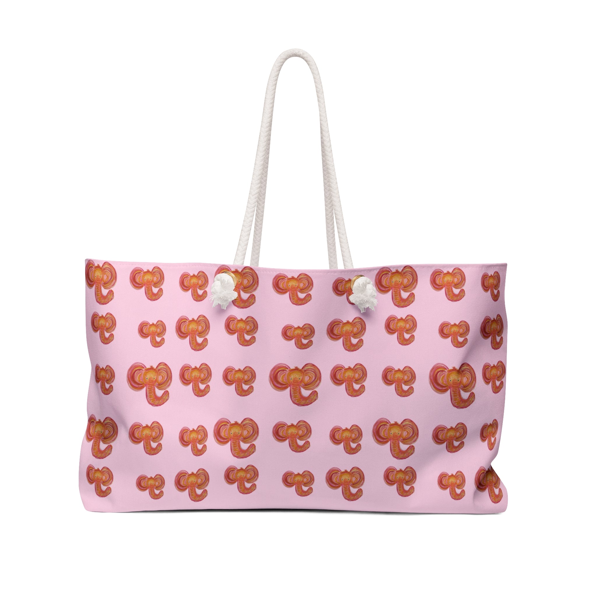 A pink tote bag with a repeating pattern of orange and red abstract cute elephant , featuring white rope handles and white decorative accents near the top.