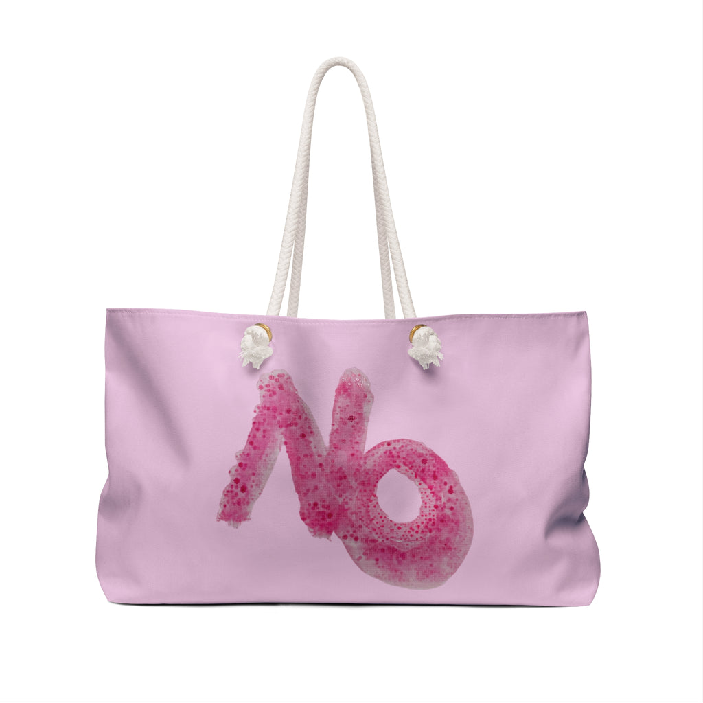 Large pale pink weekender tote bag featuring a bold rose-toned 'YES' paint motif with thick cream cotton rope handles.