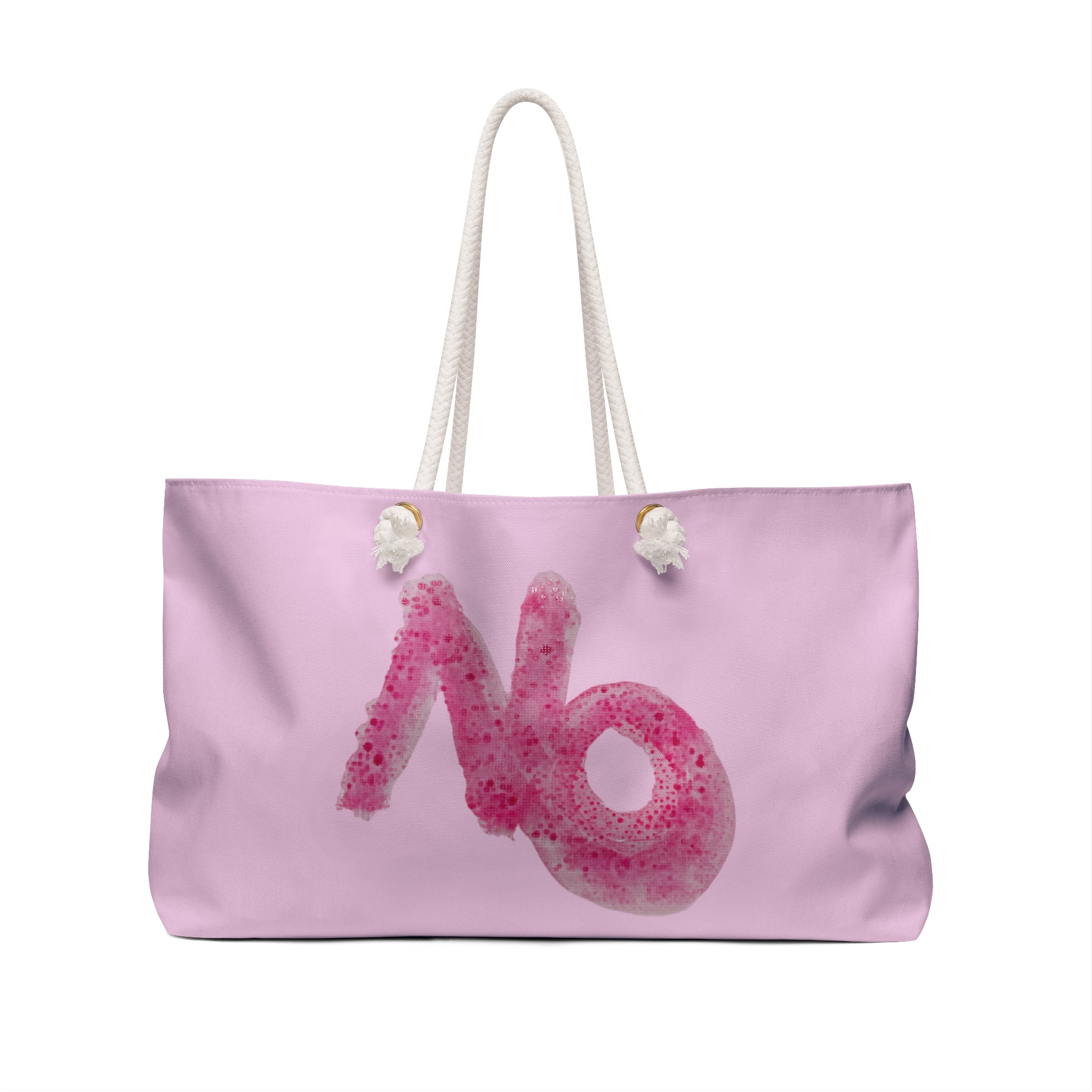 Large pale pink weekender tote bag featuring a bold rose-toned 'YES' paint motif with thick cream cotton rope handles.