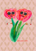 Artistic depiction of pink tulips with faces on a patterned background