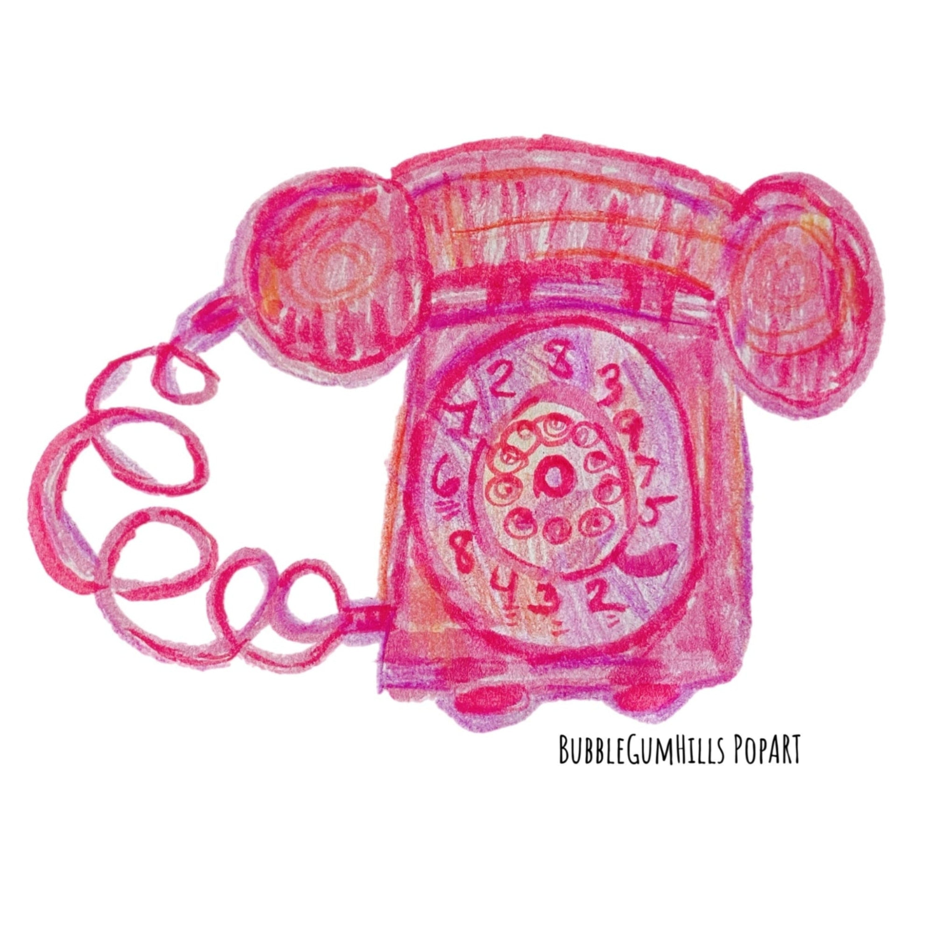 Colorful illustration of a vintage telephone with 'BubblegumHills PopArt' branding.