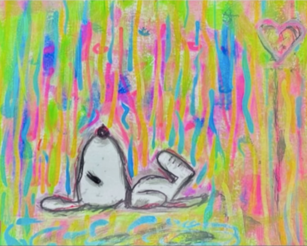 Colorful abstract painting with a dog and heart shapes