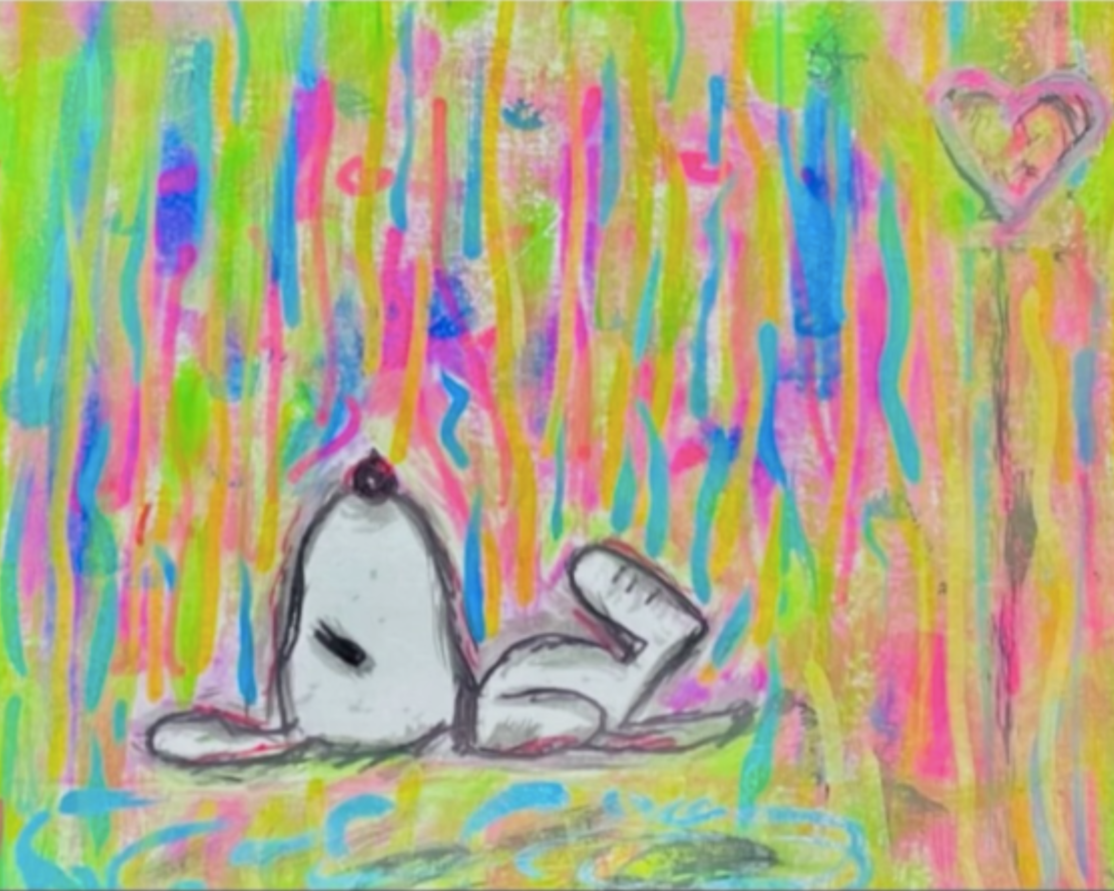 Colorful abstract painting with a dog and heart shapes