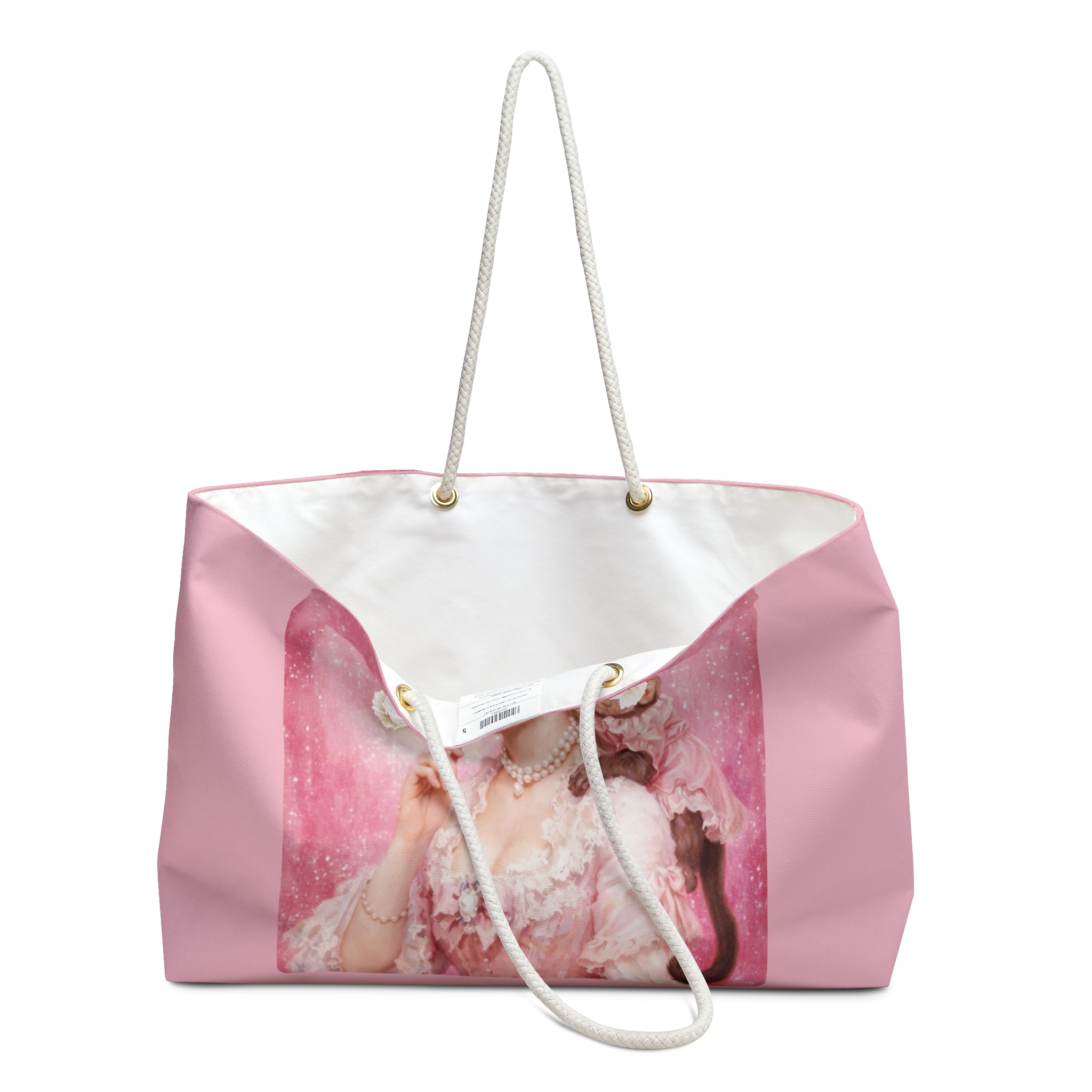 A pink tote bag featuring a printed vintage-style illustration of a woman in a pink dress on the front panel, with a white interior lining and white rope handles.