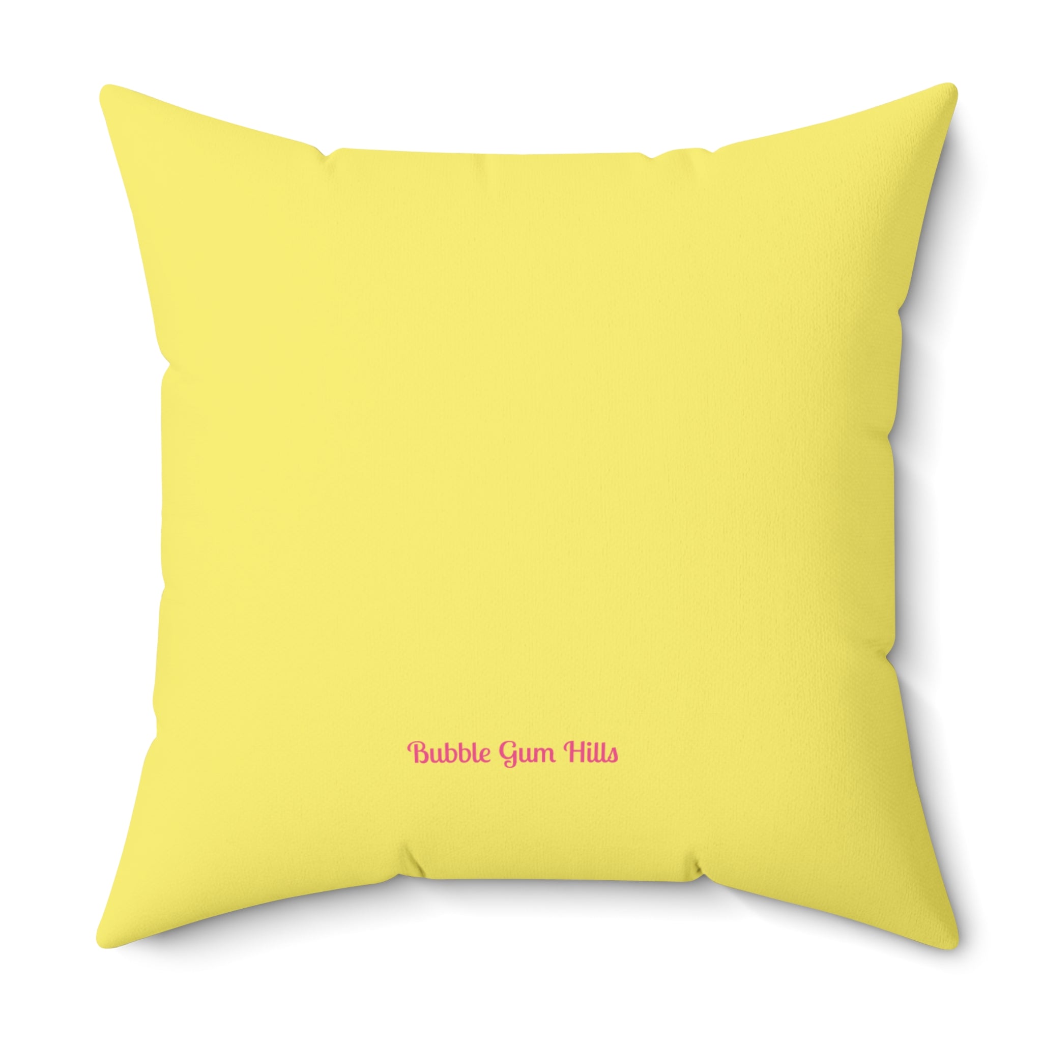 Double-sided bright yellow square pop art throw pillow featuring a colorful, naughty graphic illustration of women in naked yoga poses with desserts, perfect whimsical decor for a yoga studio.