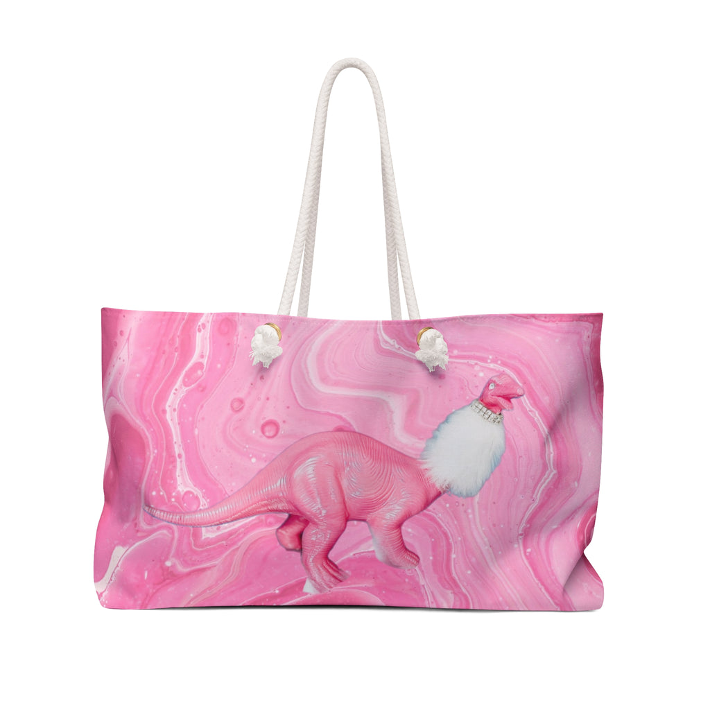 Large pink marbled weekender tote bag featuring a cute pop art illustration of a glamorous pink T-Rex dinosaur wearing a white boa.