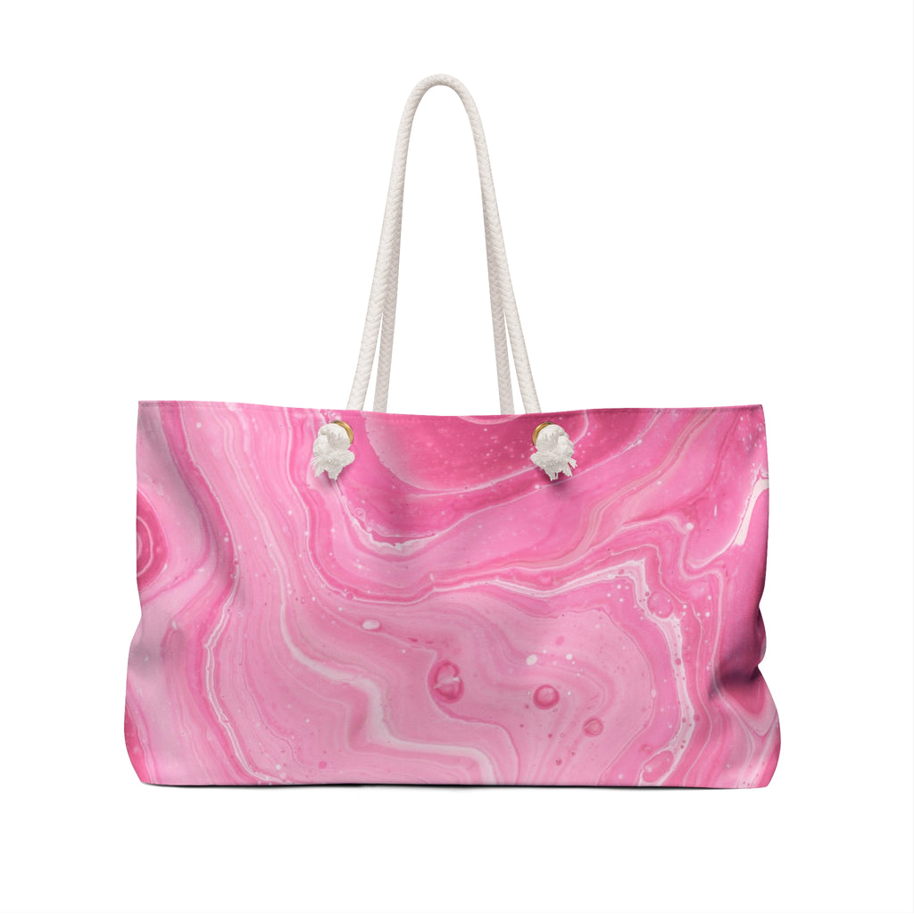 Large pink marbled weekender tote bag featuring a cute pop art illustration of a glamorous pink T-Rex dinosaur wearing a white boa Back of tote