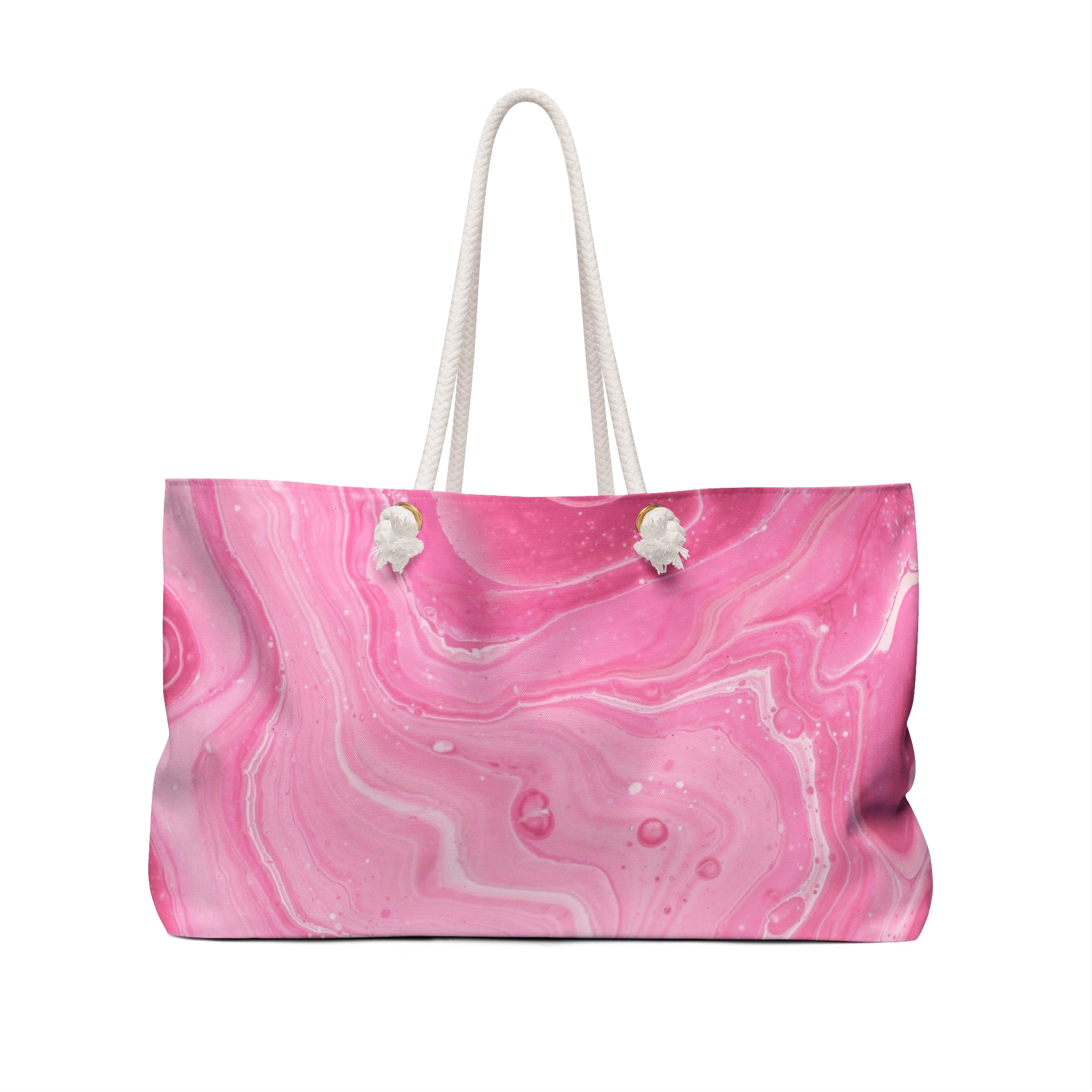 Large pink marbled weekender tote bag featuring a cute pop art illustration of a glamorous pink T-Rex dinosaur wearing a white boa Back of tote