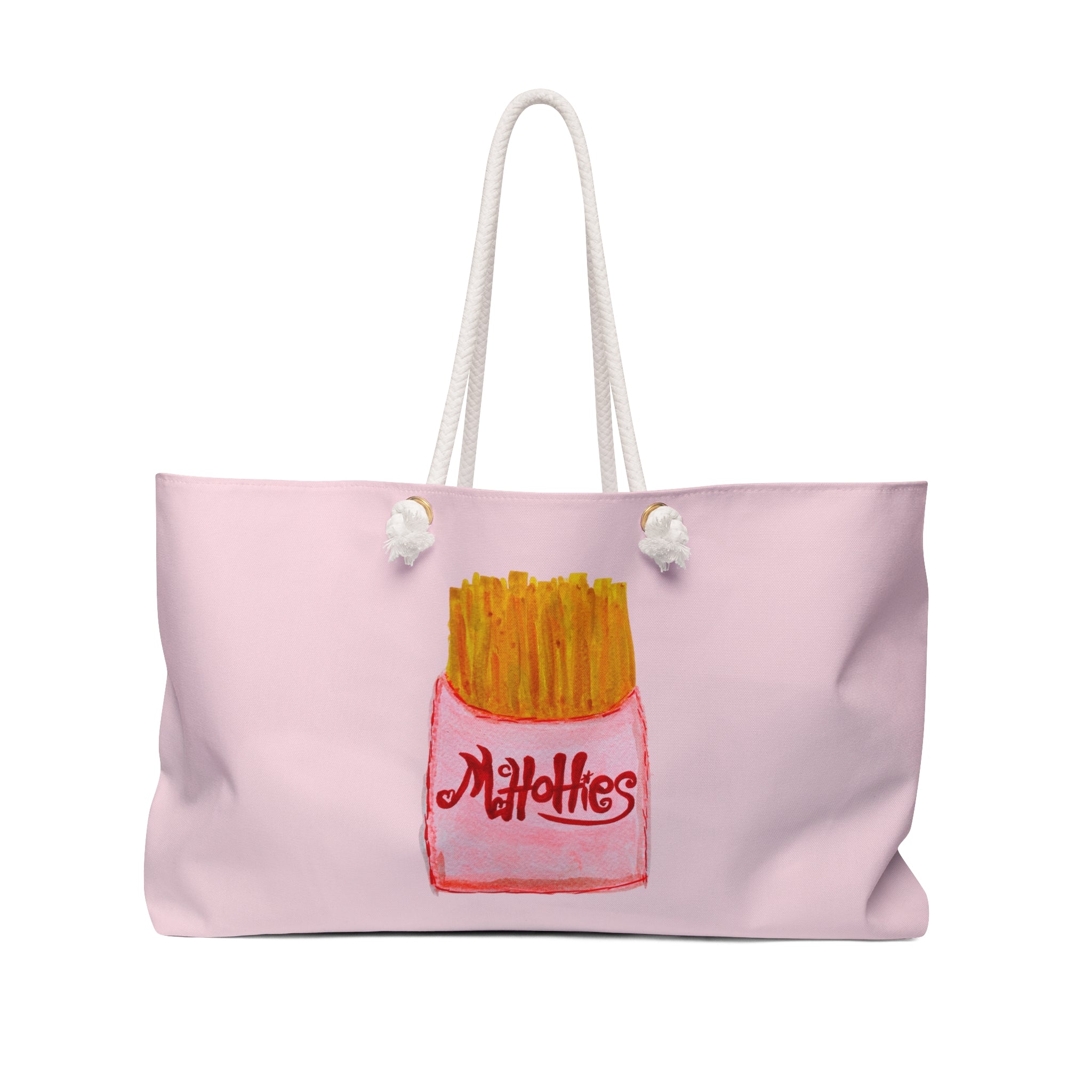 A light pink canvas tote bag with white rope handles, featuring a hand-painted style illustration of french fries in a red container labeled 'Mafletes' on the front.