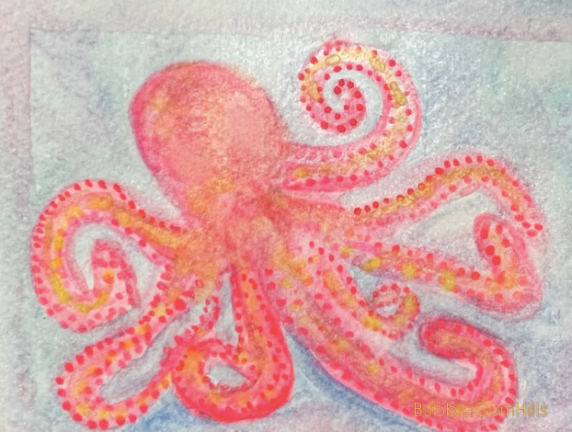 Colorful dot painting of an octopus on a textured light blue background