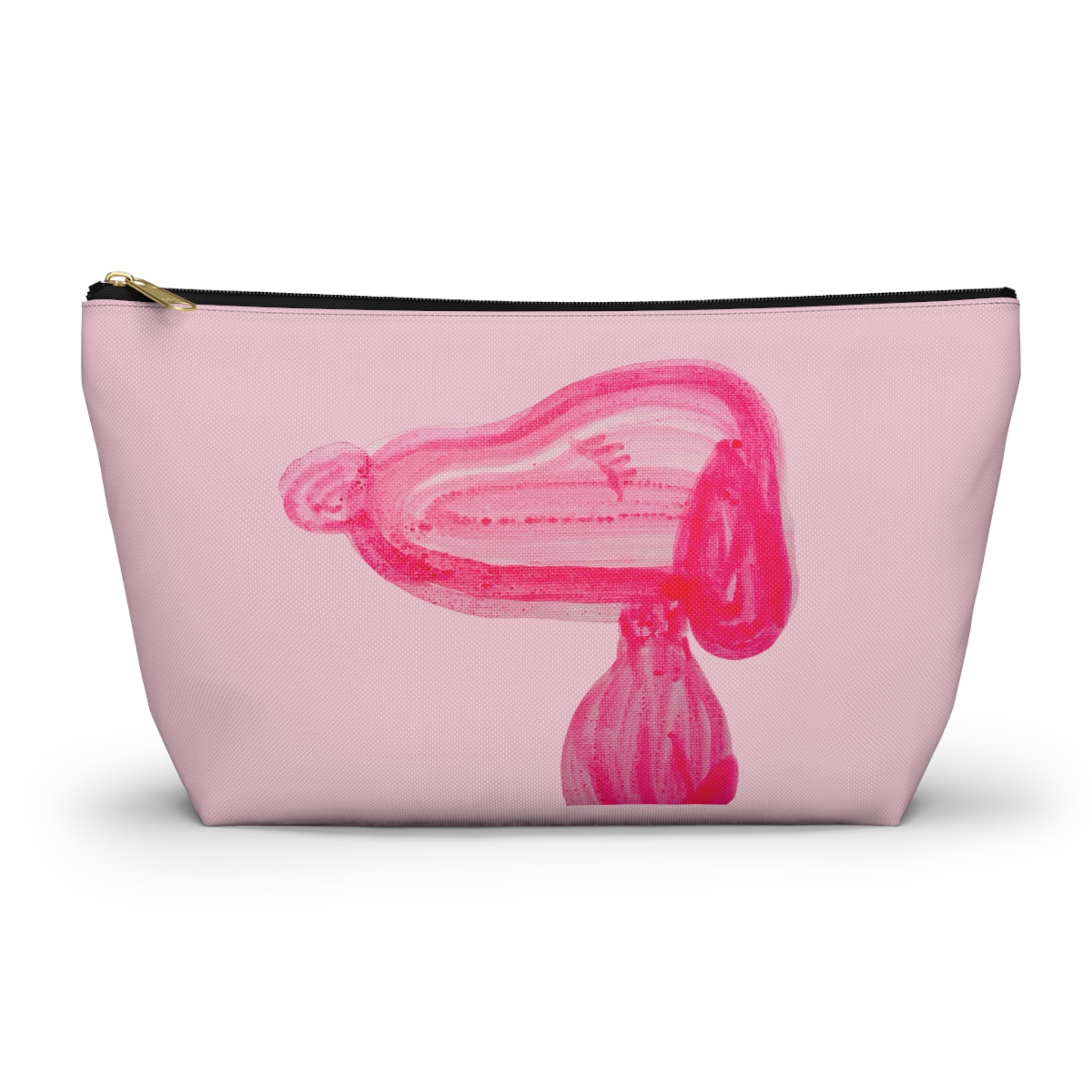 Pink accessory cosmetics pouch featuring a playful hand-printed bubble-gum puppy dog motif with a black zipper.