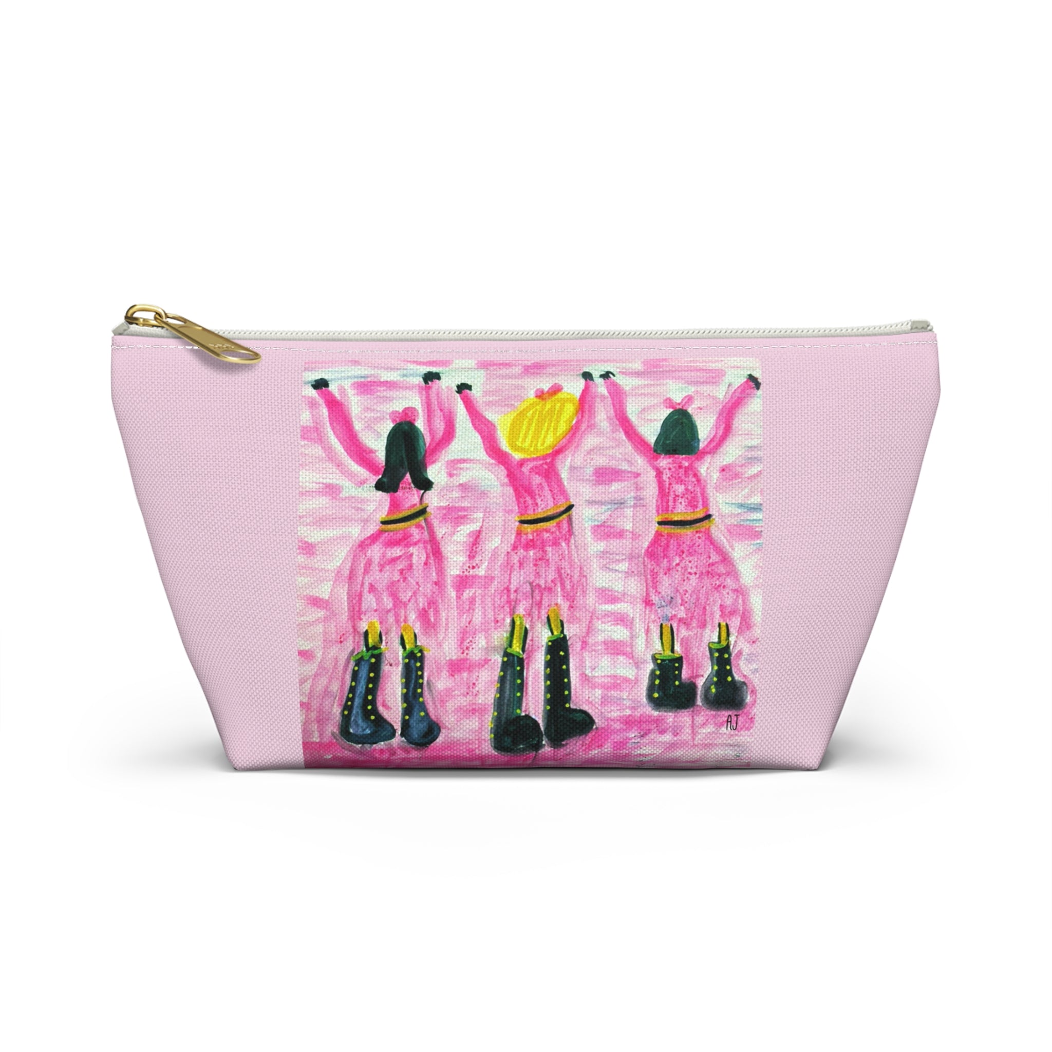 Pink accessory pouch featuring a hand-painted pop art design of three dancers against a blush background.