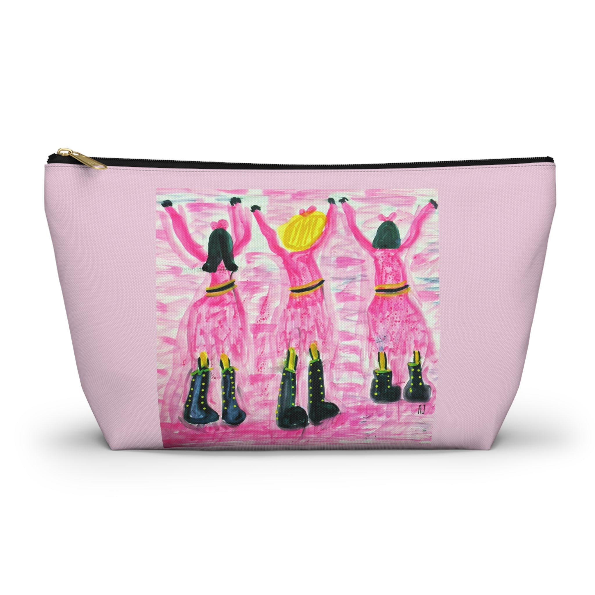 Pink accessory pouch featuring a hand-painted pop art design of three dancers against a blush background. Holds all dance competition  must haves. 