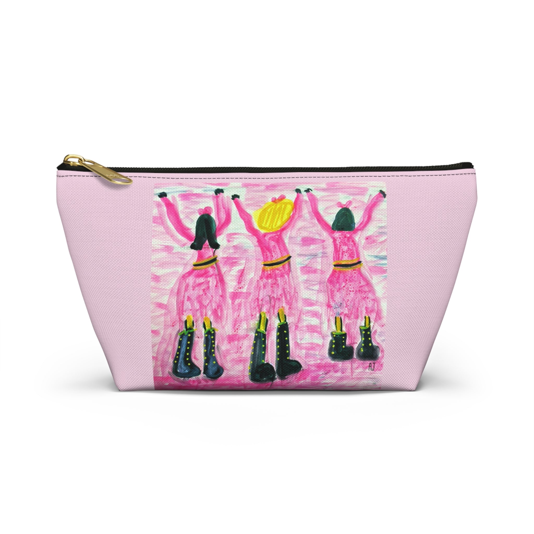 Pink accessory pouch featuring a hand-painted pop art design of three dancers against a blush background. Zipper Bag