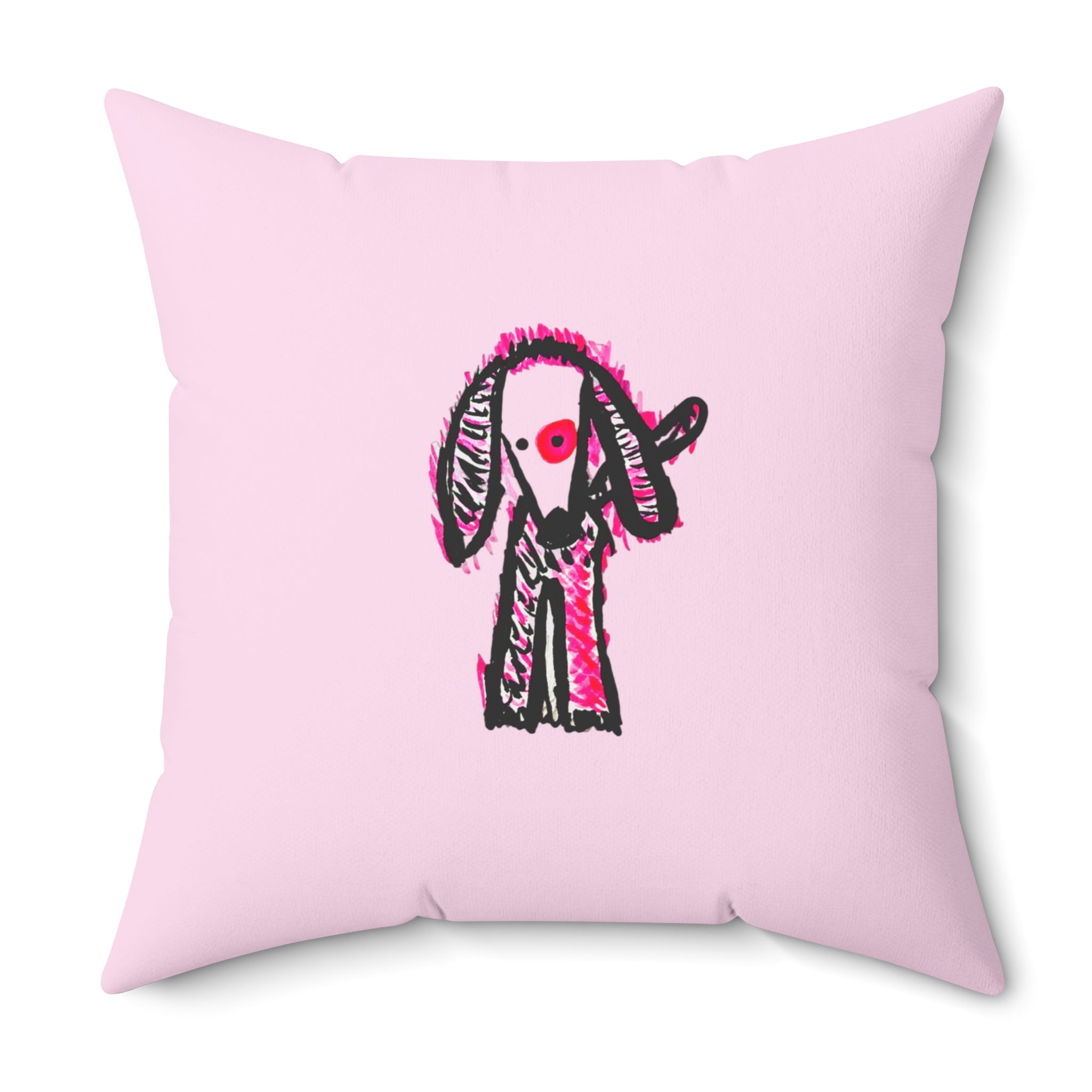 Square pink throw pillow featuring a cute hand-drawn illustration of a puppy named Poppy.
