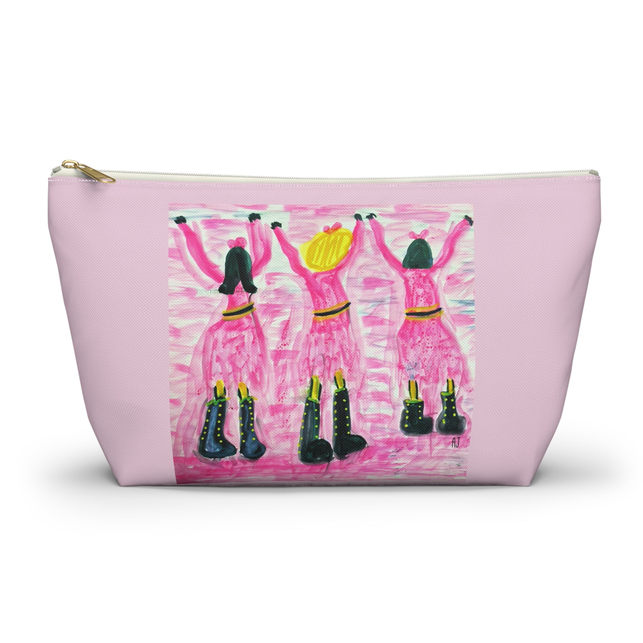 Pink accessory pouch featuring a hand-painted pop art design of three dancers against a blush background.